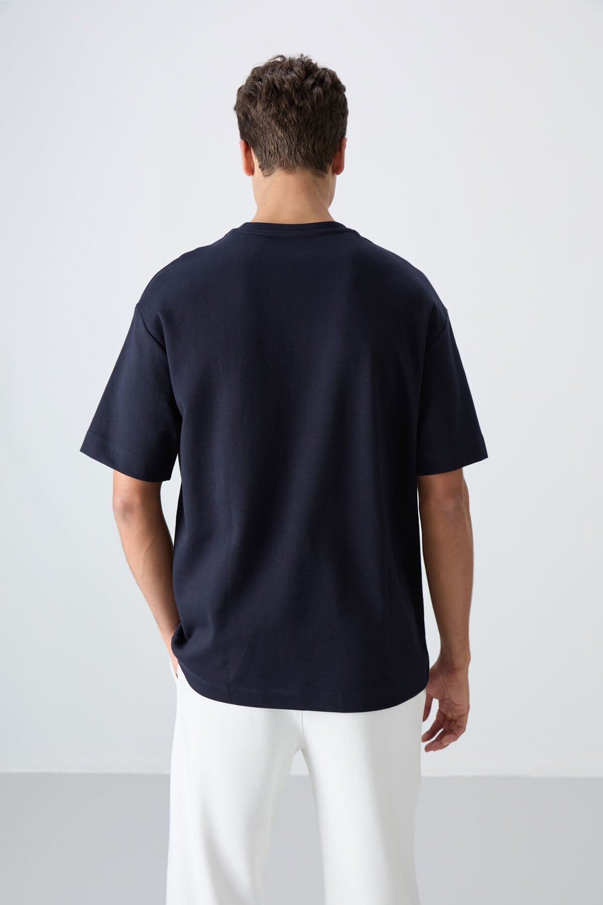 Lacivert Pamuklu Kalın Yumuşak Dokulu Oversize Fit Baskılı Erkek T-Shirt - 88324