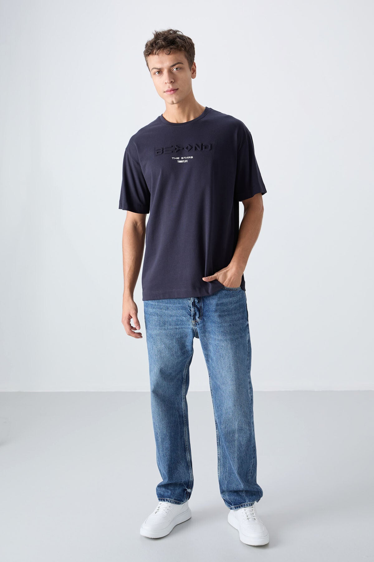 Lacivert Pamuklu Kalın Yumuşak Dokulu Oversize Fit Baskılı Erkek T-Shirt - 88328