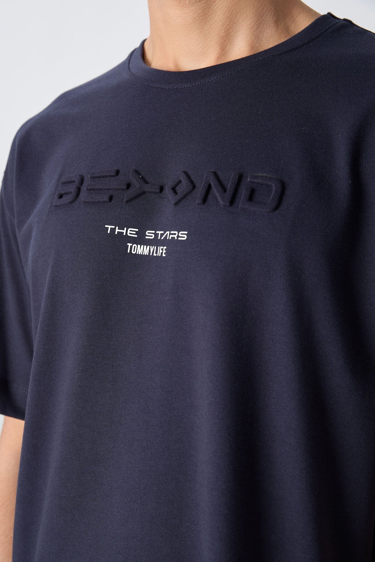 Lacivert Pamuklu Kalın Yumuşak Dokulu Oversize Fit Baskılı Erkek T-Shirt - 88328