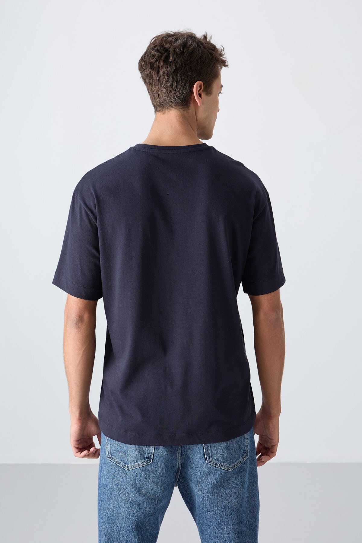 Lacivert Pamuklu Kalın Yumuşak Dokulu Oversize Fit Baskılı Erkek T-Shirt - 88328