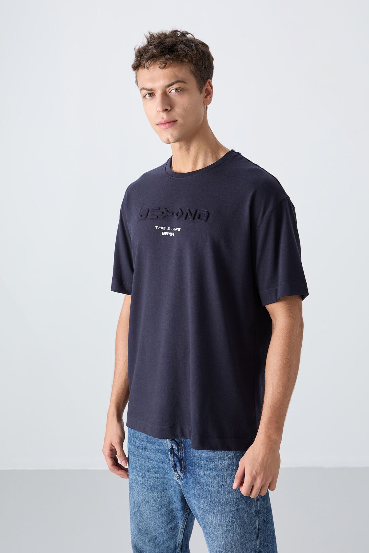Lacivert Pamuklu Kalın Yumuşak Dokulu Oversize Fit Baskılı Erkek T-Shirt - 88328