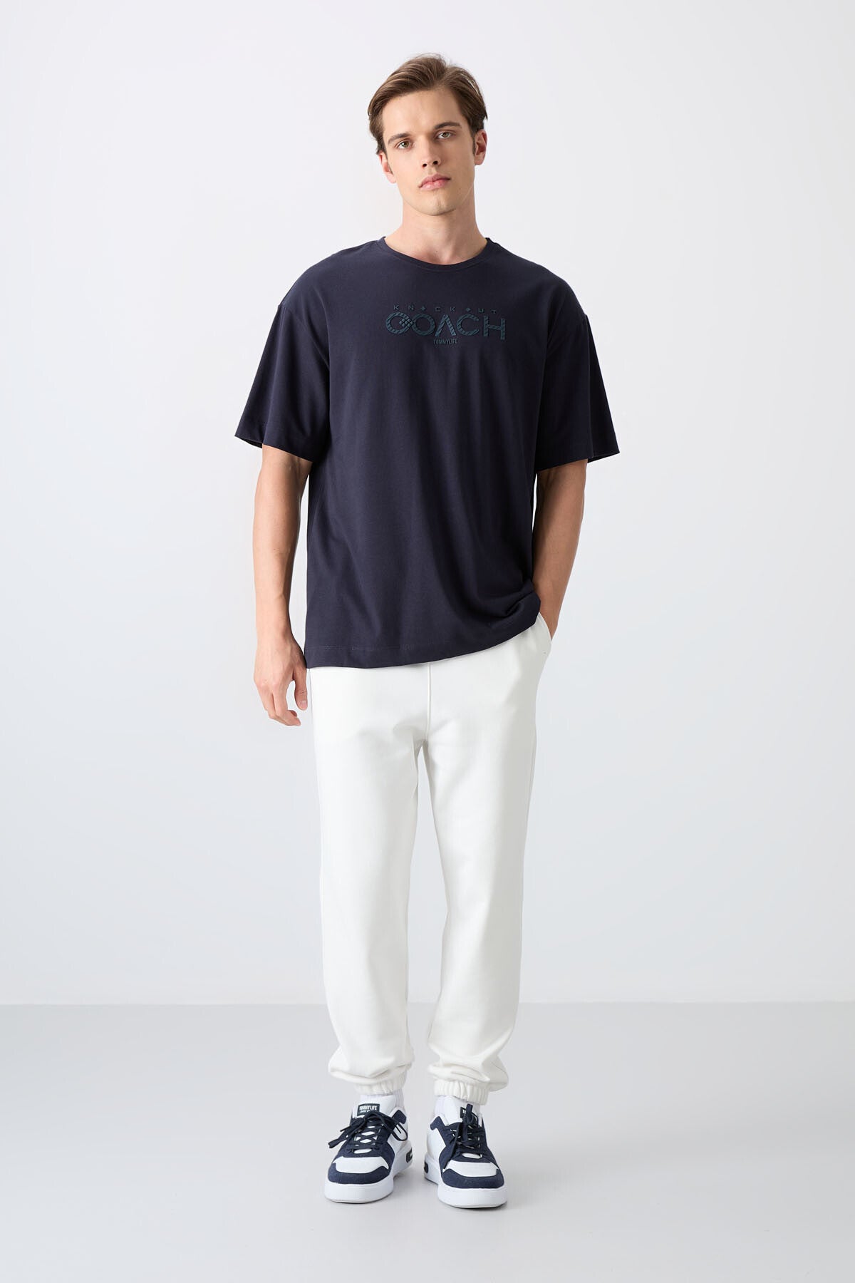 Lacivert Pamuklu Kalın Yumuşak Dokulu Oversize Fit Baskılı Erkek T-Shirt - 88329