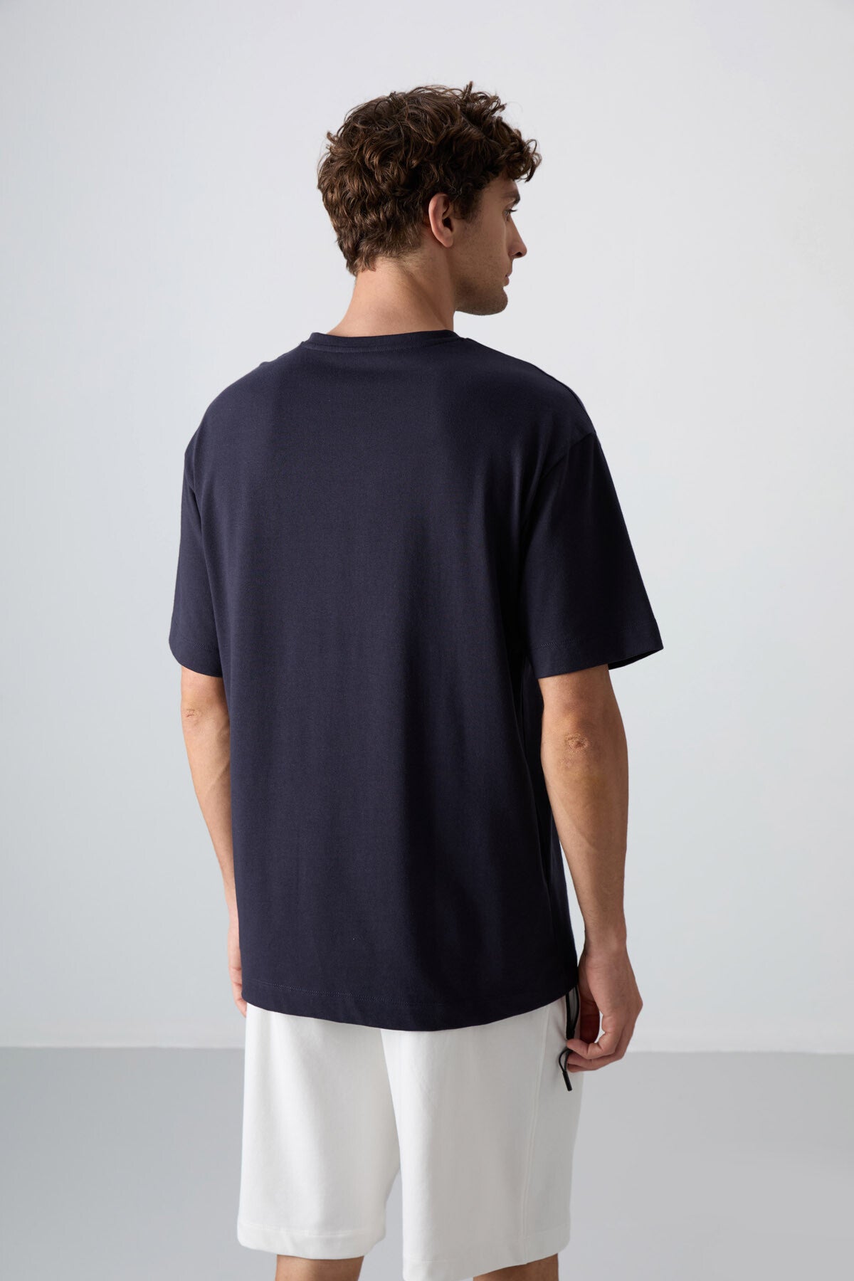 Lacivert Pamuklu Kalın Yumuşak Dokulu Oversize Fit Baskılı Erkek T-Shirt - 88331