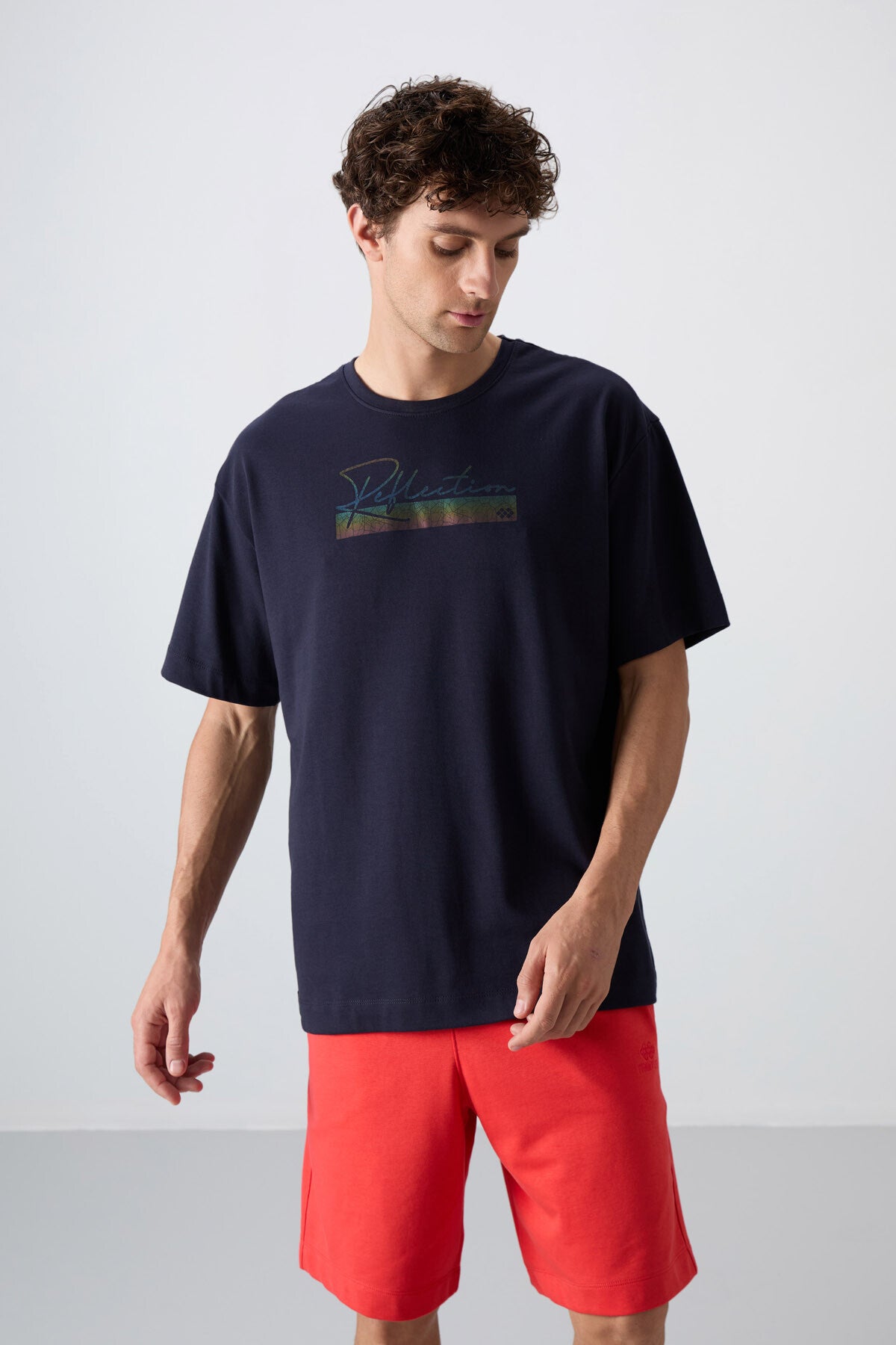 Lacivert Pamuklu Kalın Yumuşak Dokulu Oversize Fit Baskılı Erkek T-Shirt - 88334