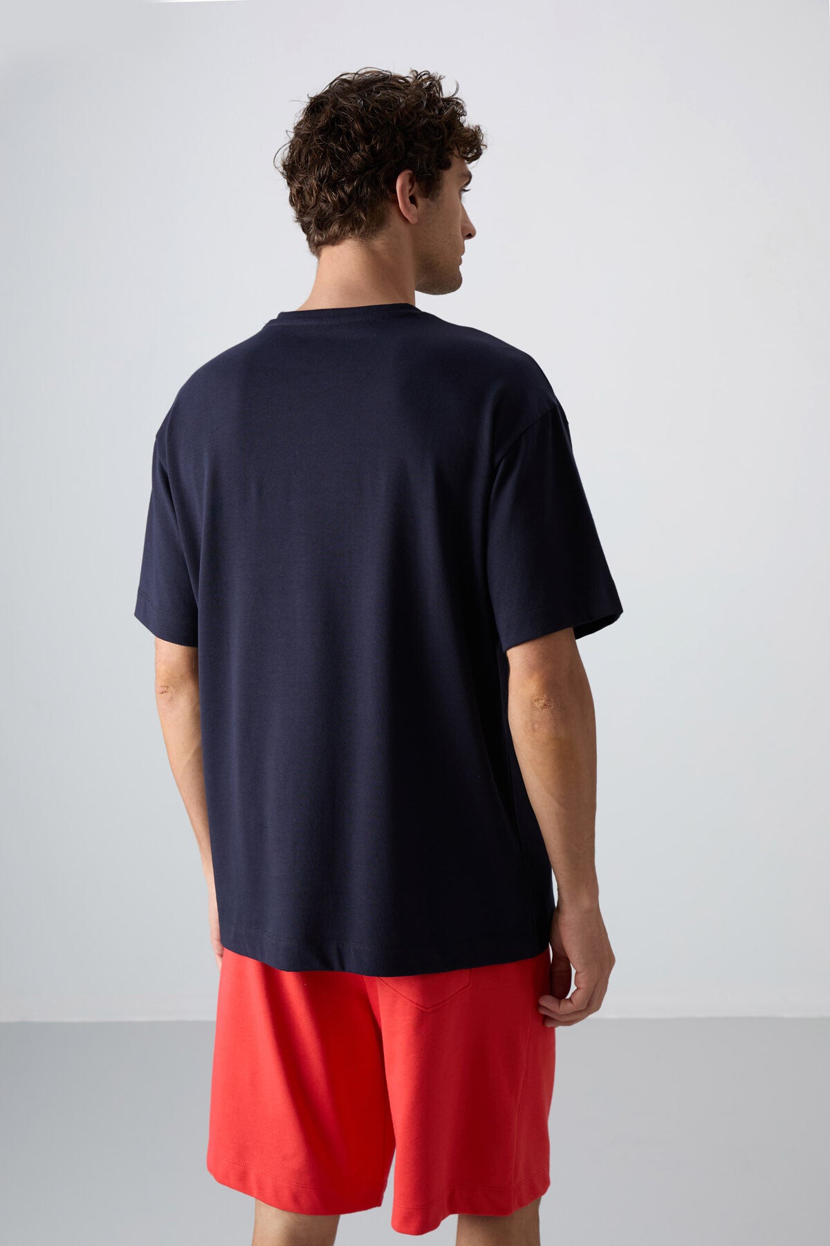 Lacivert Pamuklu Kalın Yumuşak Dokulu Oversize Fit Baskılı Erkek T-Shirt - 88334