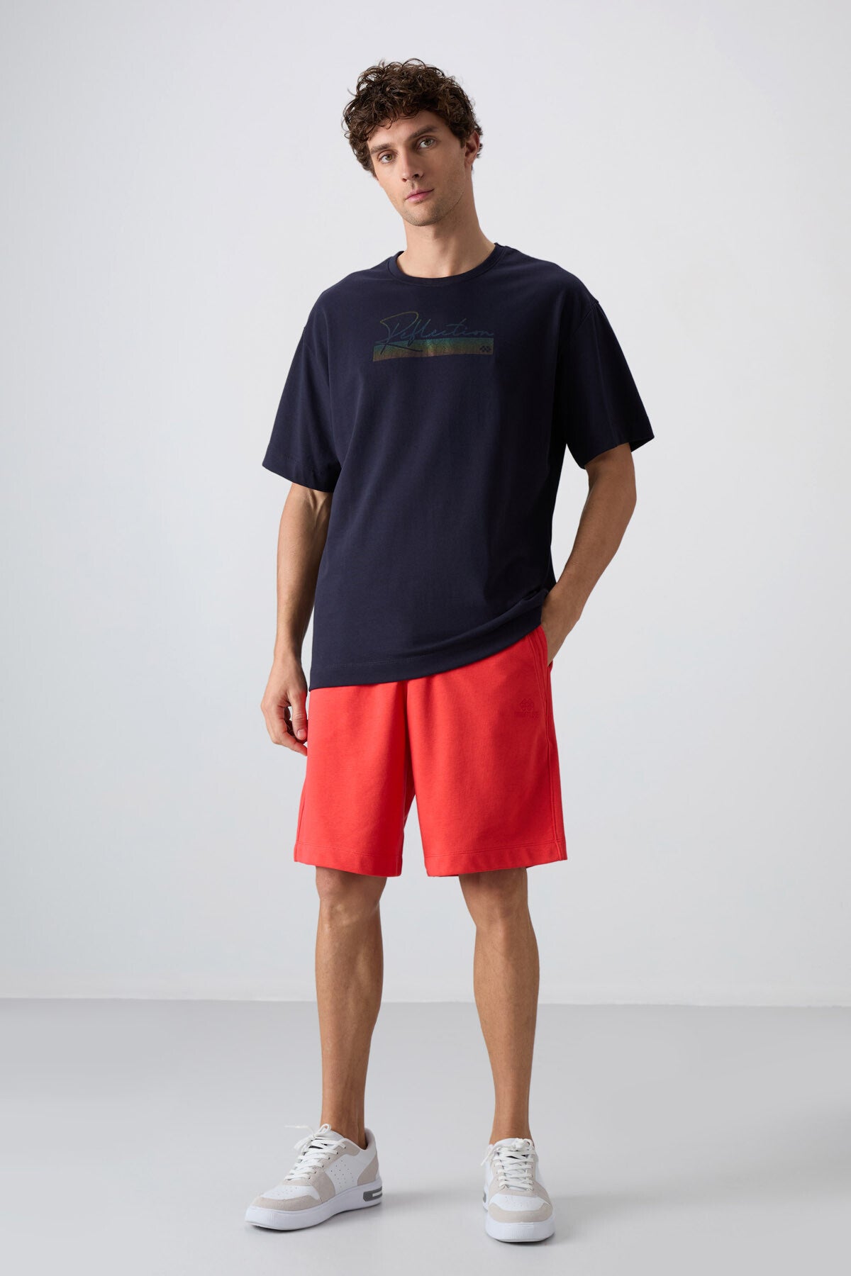 Lacivert Pamuklu Kalın Yumuşak Dokulu Oversize Fit Baskılı Erkek T-Shirt - 88334