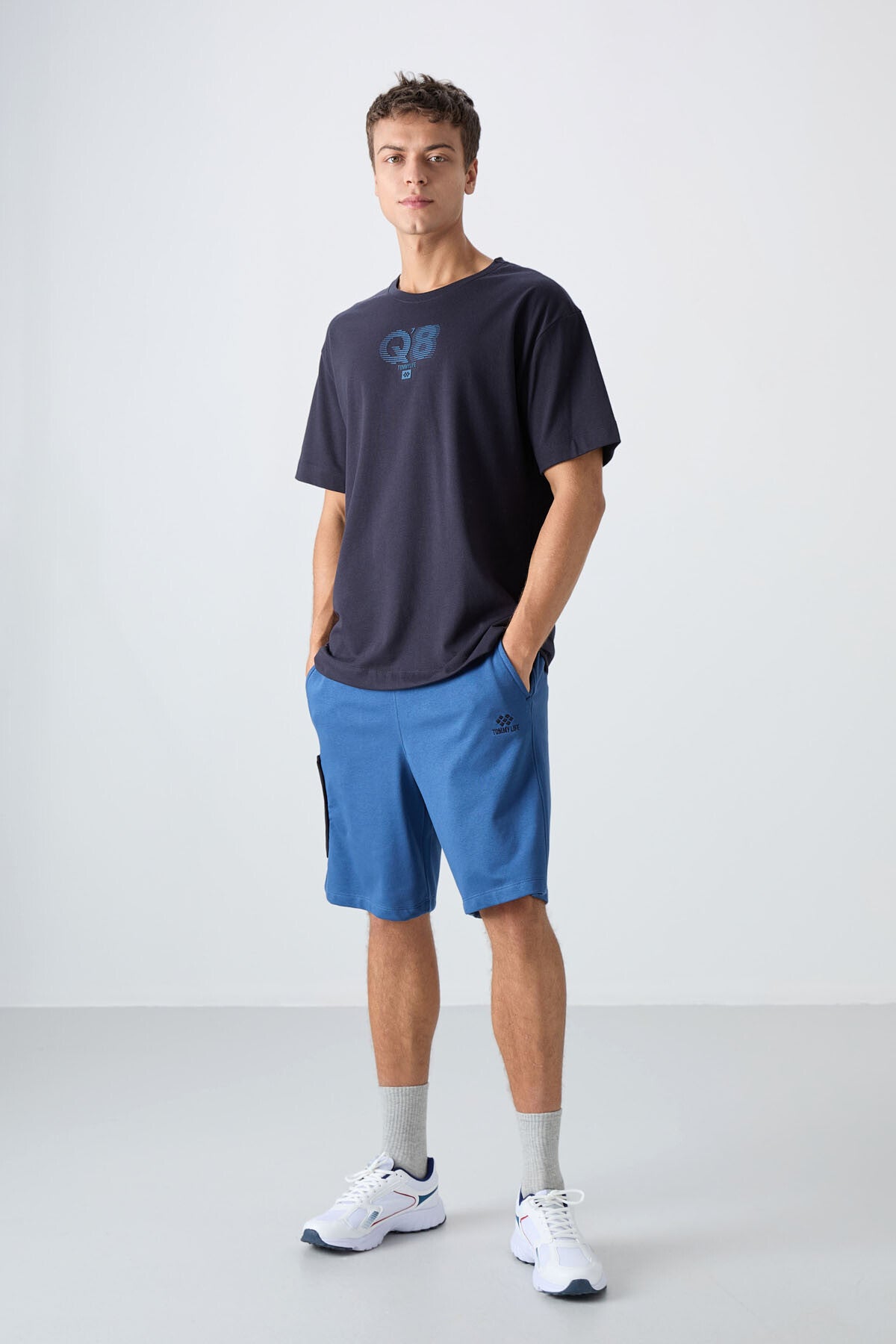 Lacivert Pamuklu Kalın Yumuşak Dokulu Oversize Fit Baskılı Erkek T-Shirt - 88333