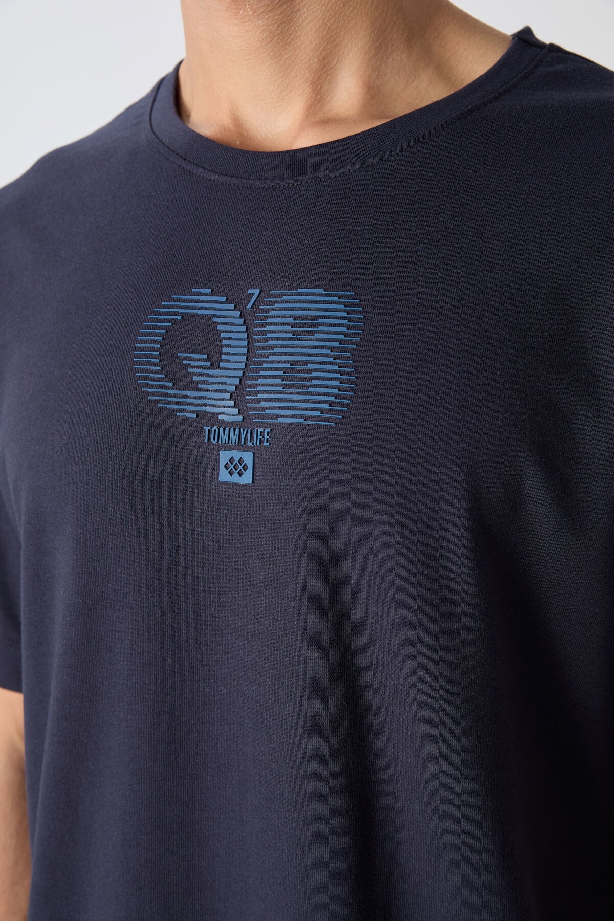 Lacivert Pamuklu Kalın Yumuşak Dokulu Oversize Fit Baskılı Erkek T-Shirt - 88333