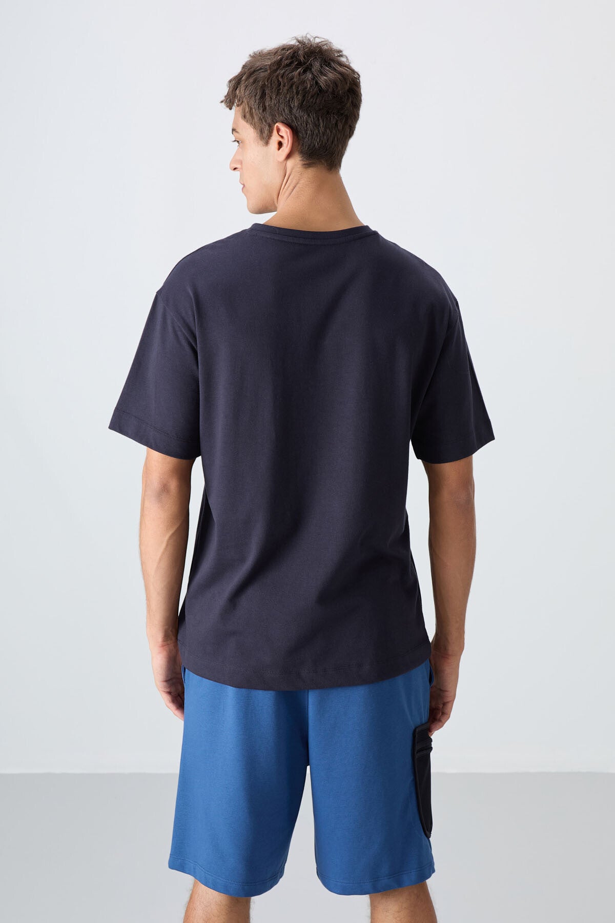 Lacivert Pamuklu Kalın Yumuşak Dokulu Oversize Fit Baskılı Erkek T-Shirt - 88333