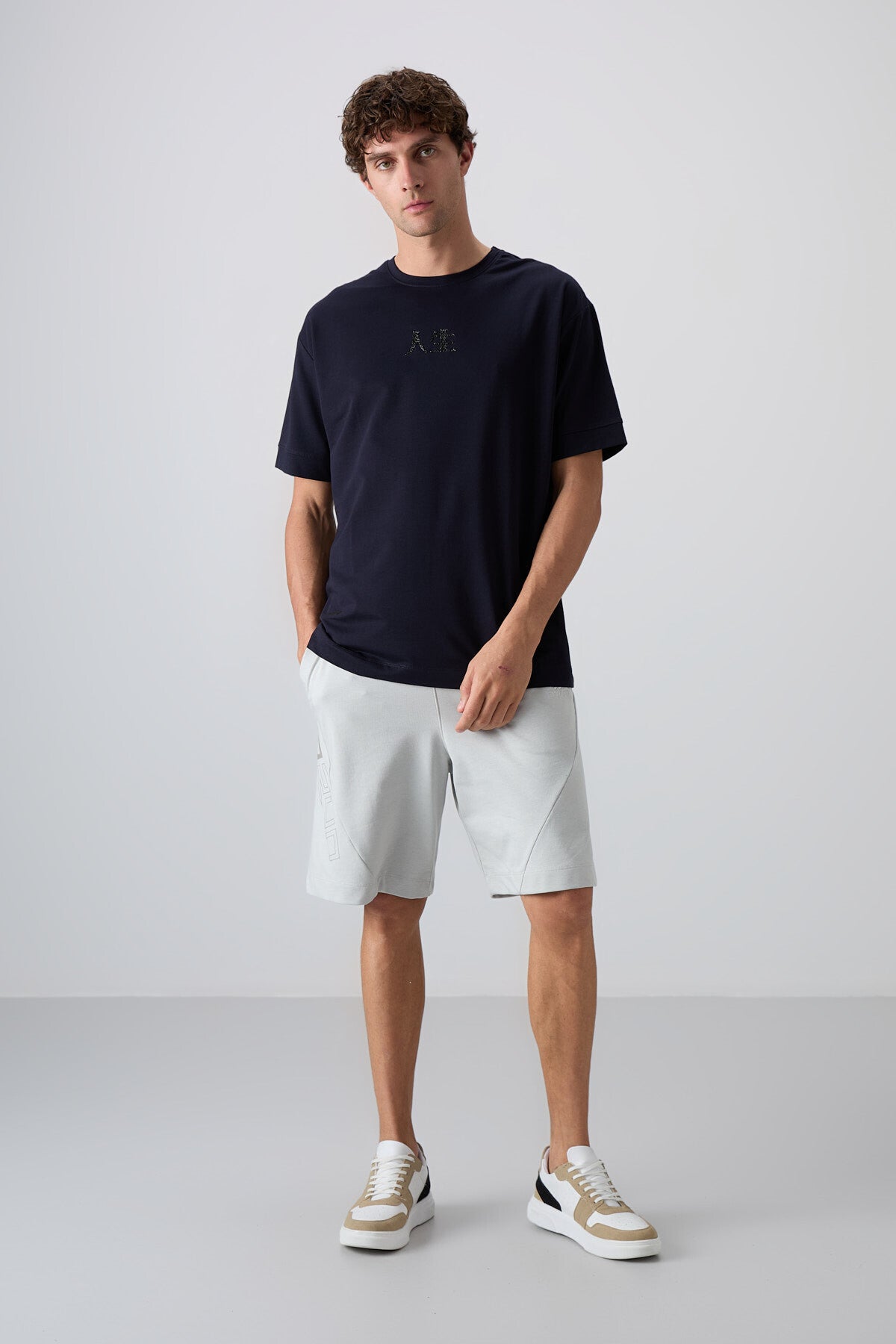 Lacivert Pamuklu Kalın Yumuşak Dokulu Oversize Fit Baskılı Erkek T-Shirt - 88342
