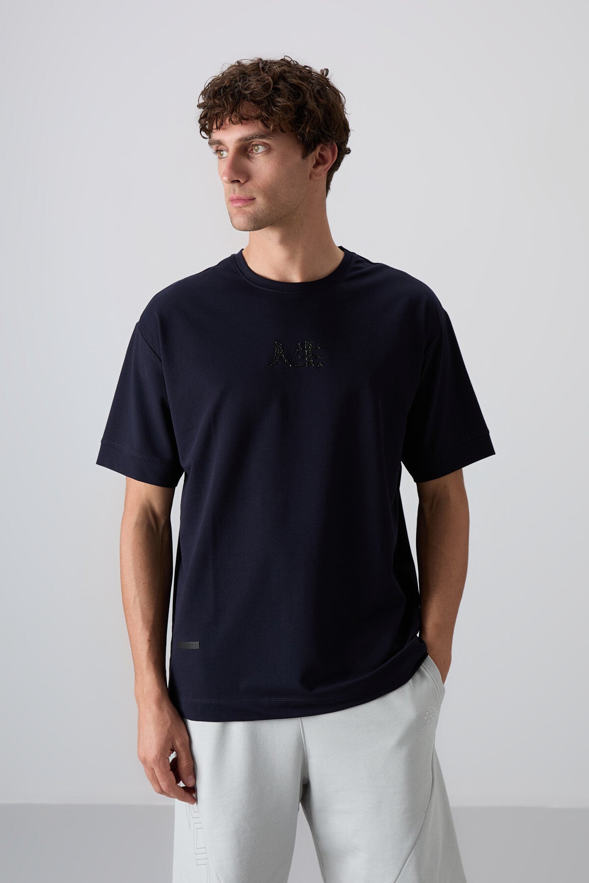 Lacivert Pamuklu Kalın Yumuşak Dokulu Oversize Fit Baskılı Erkek T-Shirt - 88342