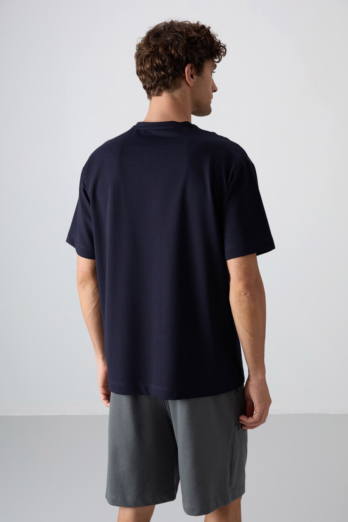 Lacivert Pamuklu Kalın Yumuşak Dokulu Oversize Fit Baskılı Erkek T-Shirt - 88343