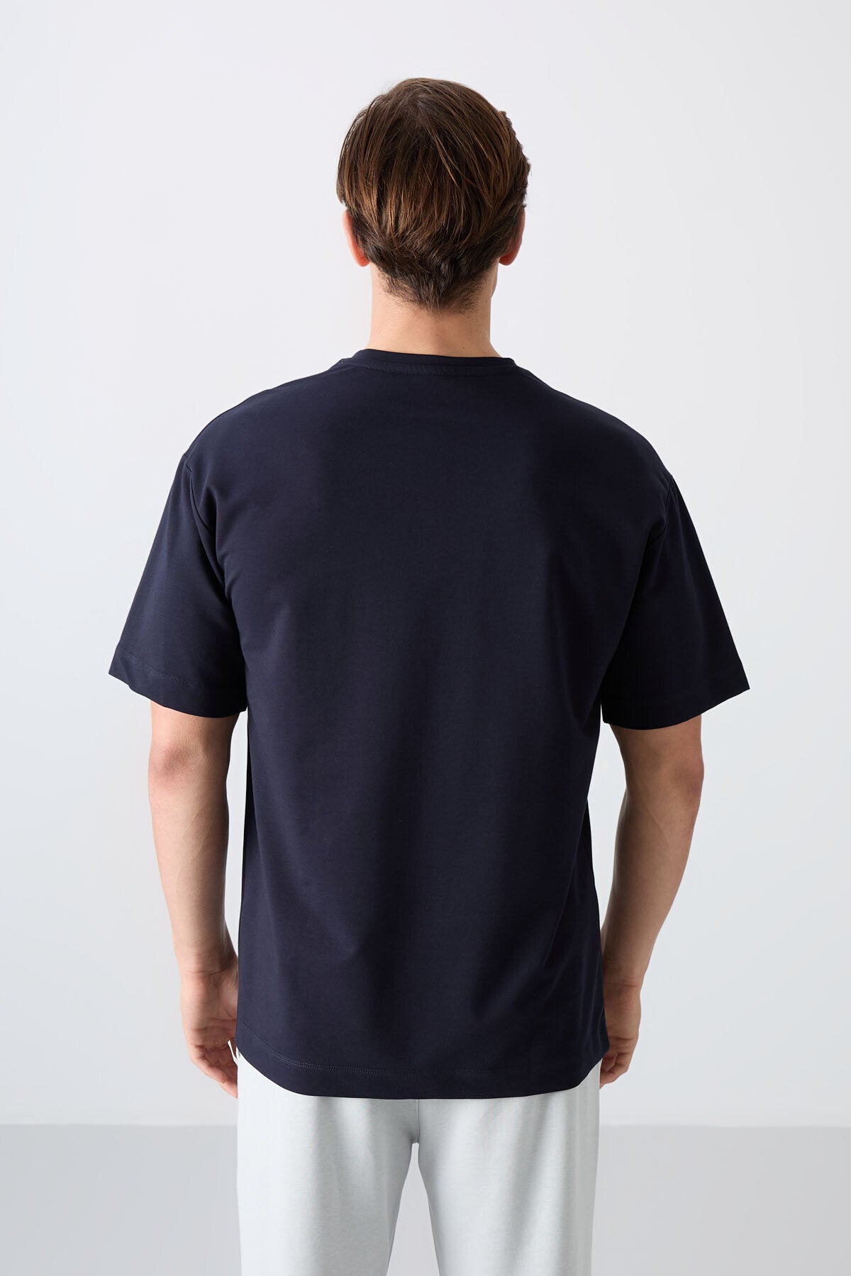 Lacivert Pamuklu Kalın Yumuşak Dokulu Oversize Fit Baskılı Erkek T-Shirt - 88344