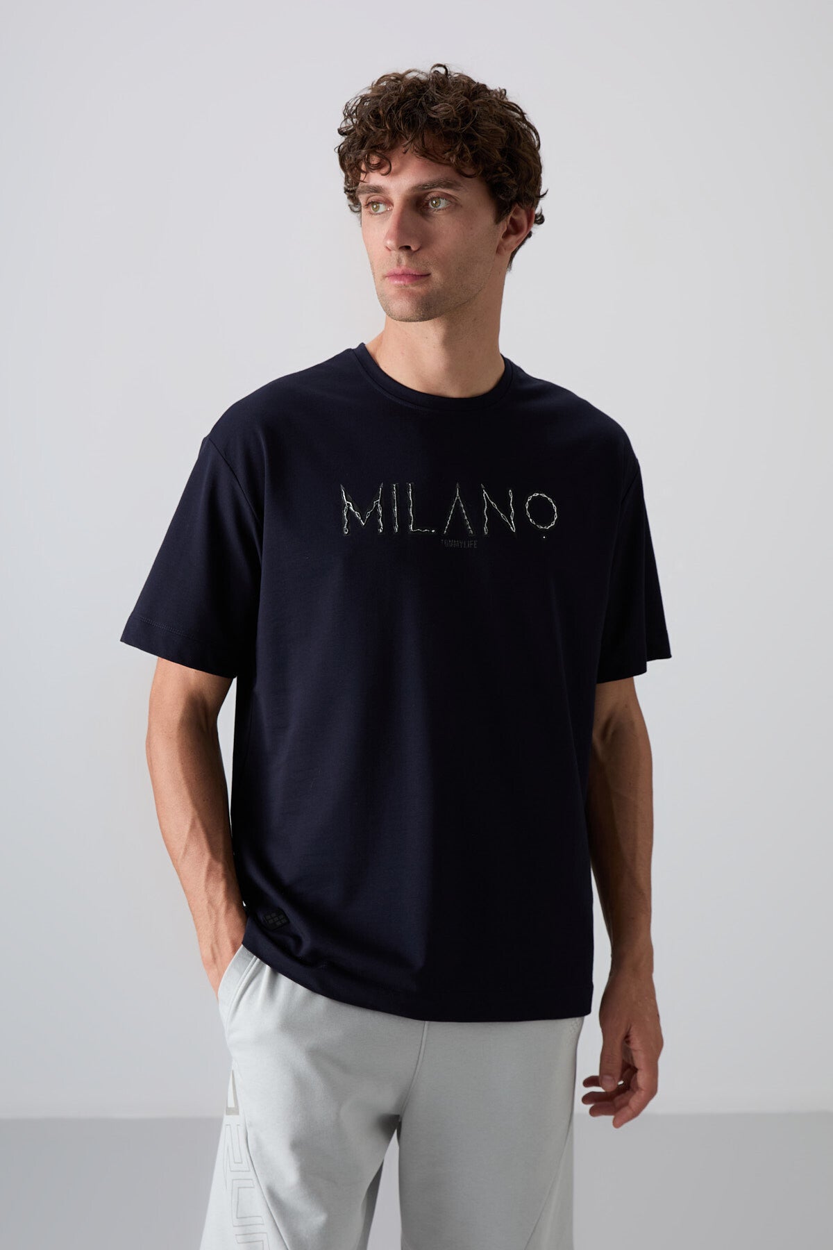 Lacivert Pamuklu Kalın Yumuşak Dokulu Oversize Fit Baskılı Erkek T-Shirt - 88345