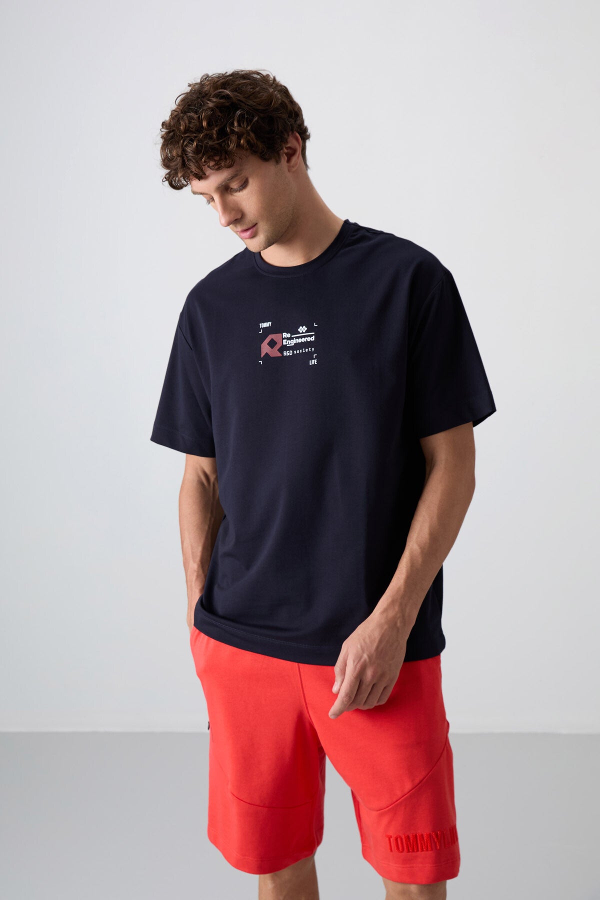 Lacivert Pamuklu Kalın Yumuşak Dokulu Oversize Fit Baskılı Erkek T-Shirt - 88350