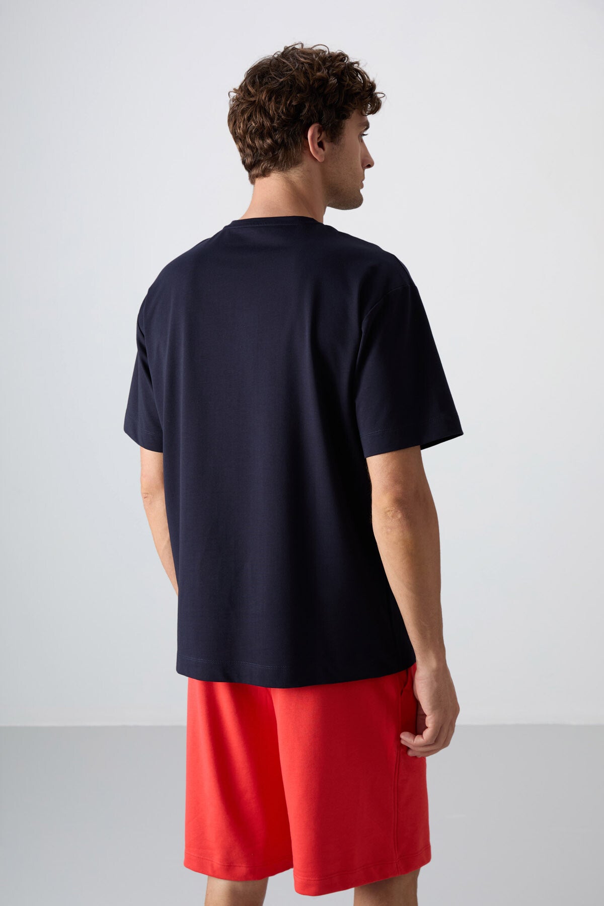 Lacivert Pamuklu Kalın Yumuşak Dokulu Oversize Fit Baskılı Erkek T-Shirt - 88350