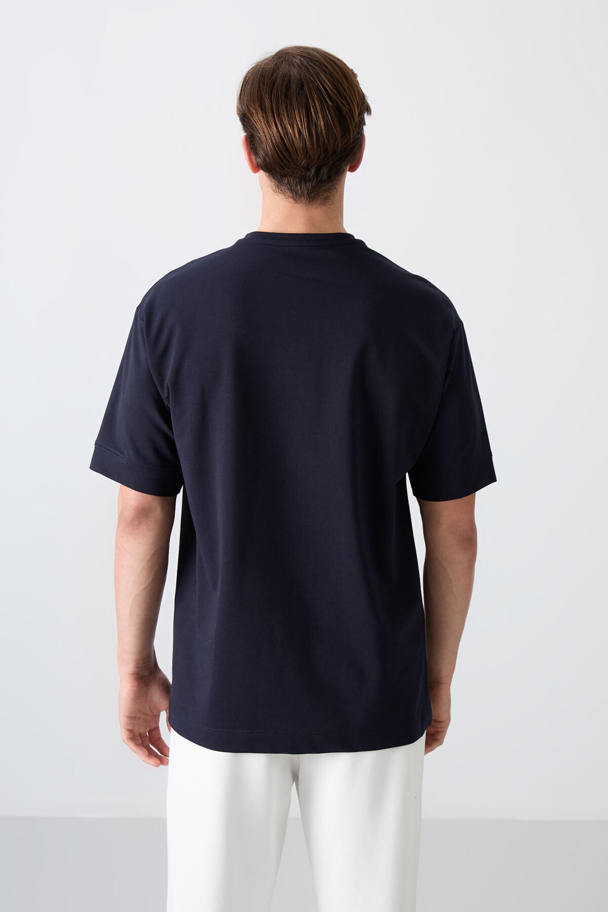 Lacivert Pamuklu Kalın Yumuşak Dokulu Oversize Fit Basic Erkek T-Shirt - 88349