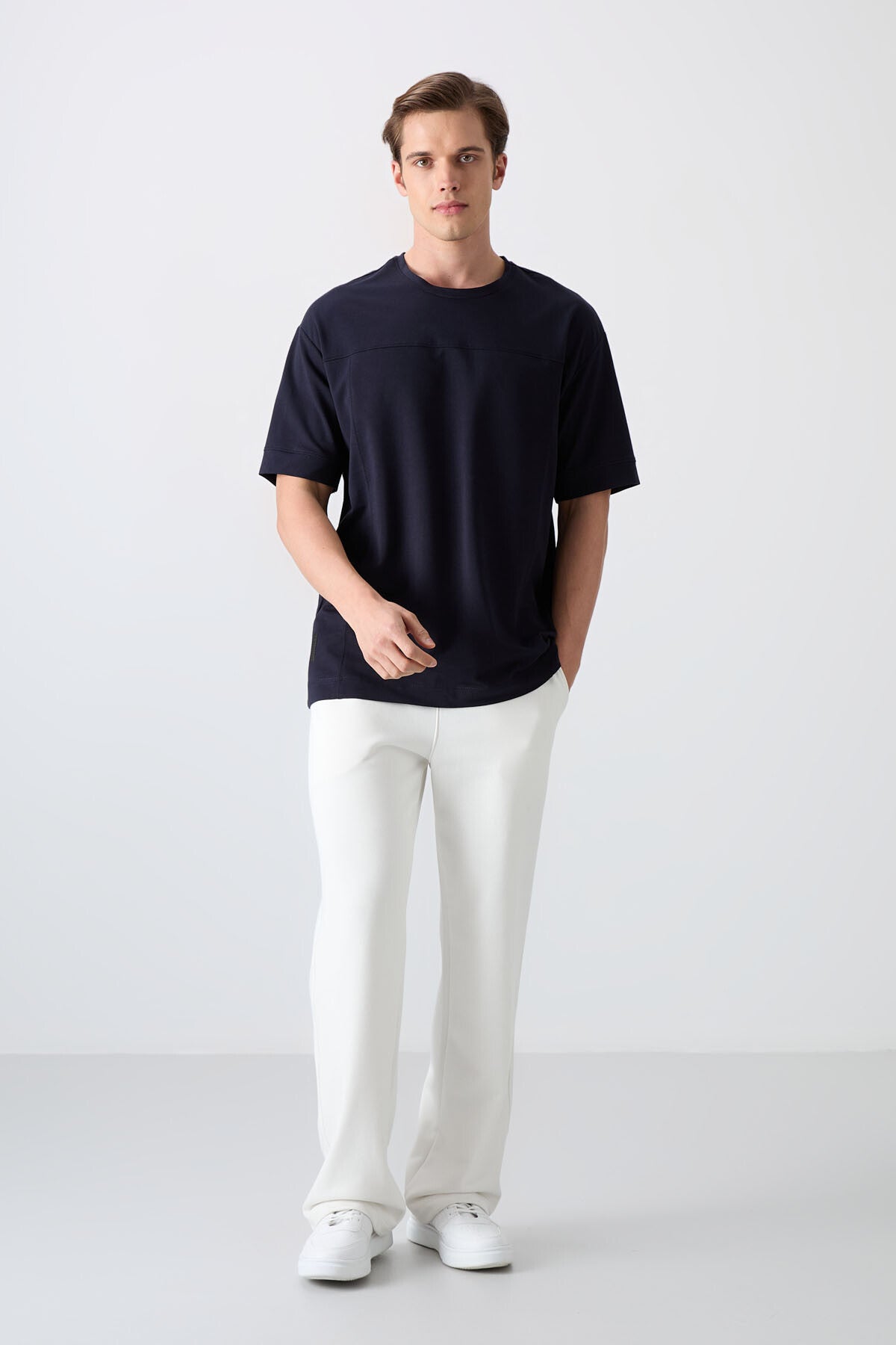 Lacivert Pamuklu Kalın Yumuşak Dokulu Oversize Fit Basic Erkek T-Shirt - 88349