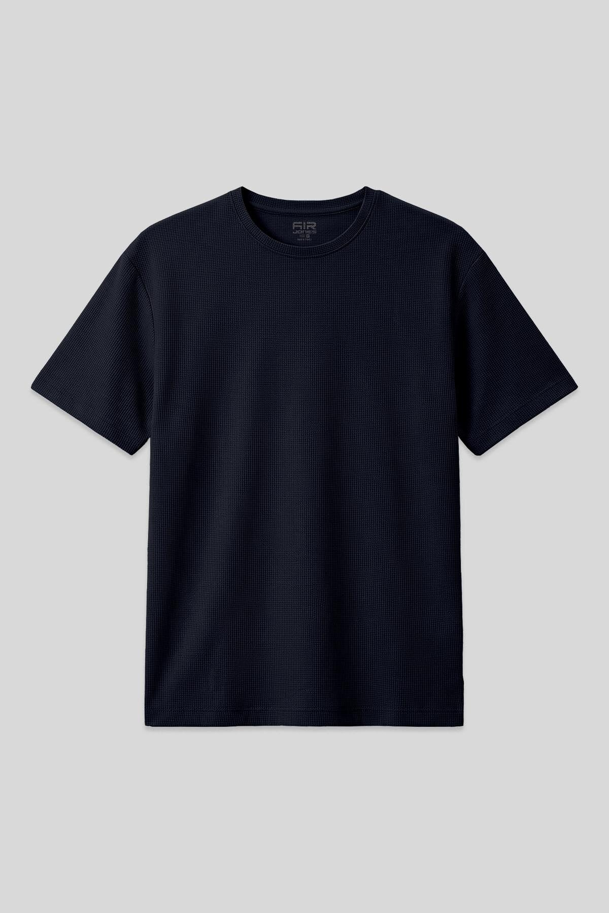 Lacivert Waffle İnterlok Yüzeyi Dokulu Oversize Fit Basic Erkek T-Shirt - 88379