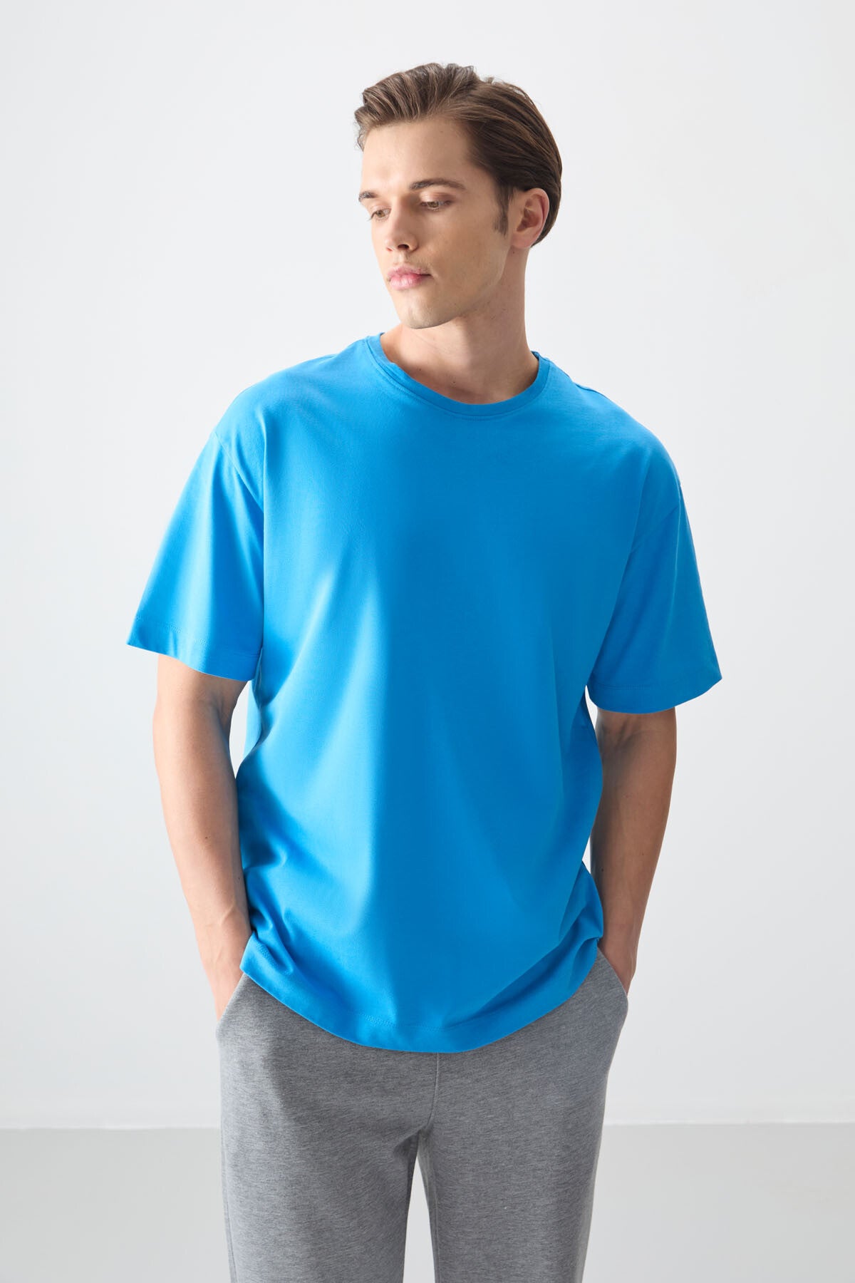 Petrol Mavi %100 Pamuk Kalın Yumuşak Dokulu Oversize Fit Basic Erkek T-Shirt - 88353