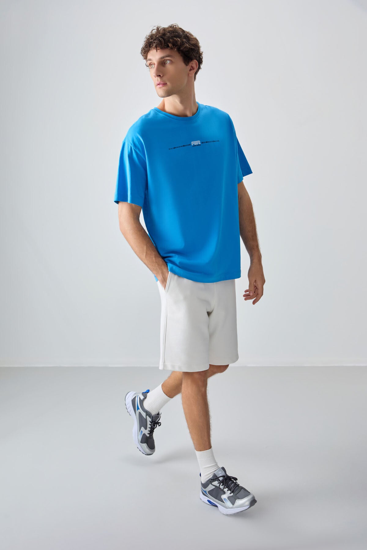 Petrol Mavi %100 Pamuk Kalın Yumuşak Dokulu Oversize Fit Baskılı Erkek T-Shirt - 88357