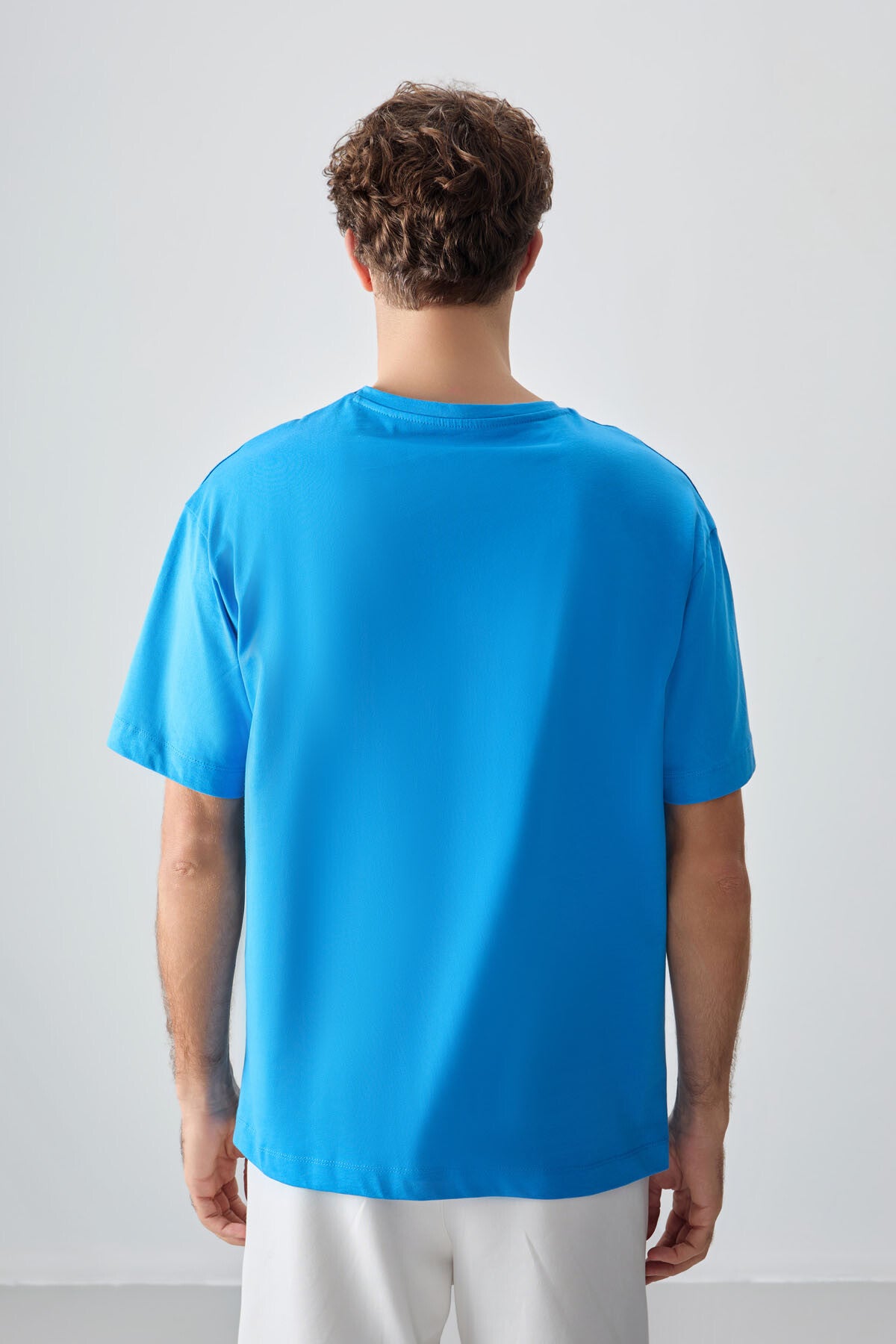 Petrol Mavi %100 Pamuk Kalın Yumuşak Dokulu Oversize Fit Baskılı Erkek T-Shirt - 88357