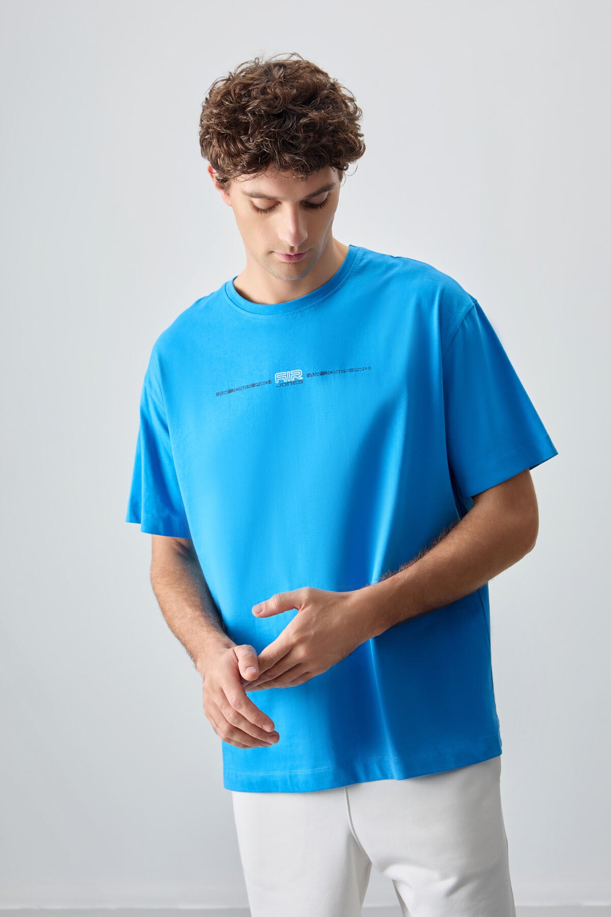 Petrol Mavi %100 Pamuk Kalın Yumuşak Dokulu Oversize Fit Baskılı Erkek T-Shirt - 88357