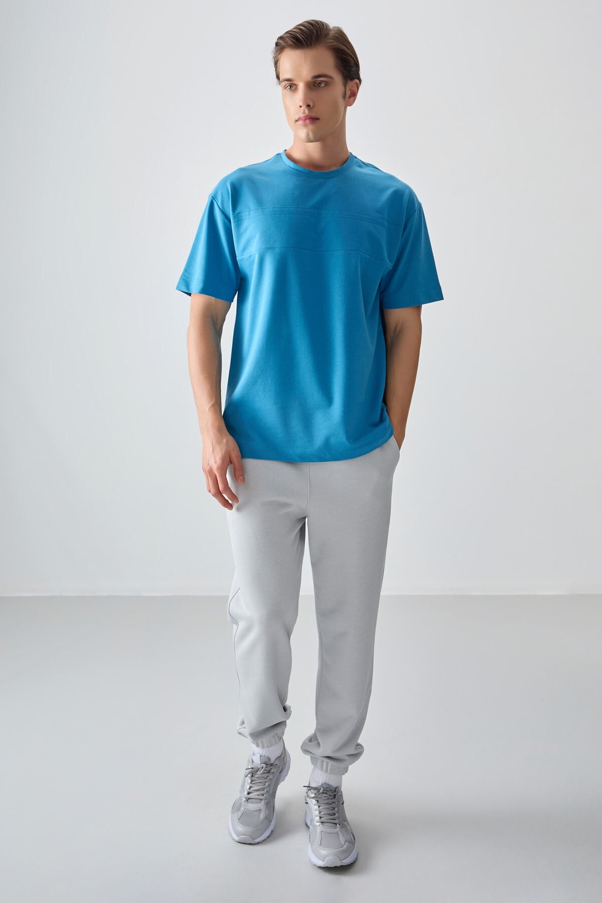 Petrol Mavi Pamuklu Kalın Yumuşak Dokulu Oversize Fit Basic Erkek T-Shirt - 88378