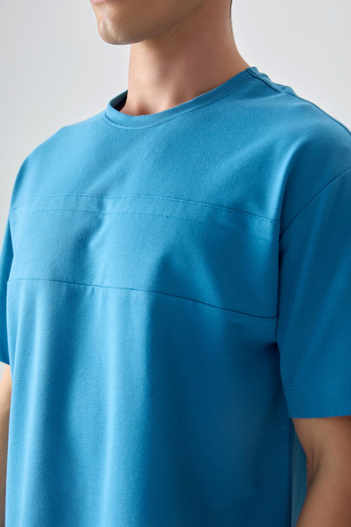 Petrol Mavi Pamuklu Kalın Yumuşak Dokulu Oversize Fit Basic Erkek T-Shirt - 88378