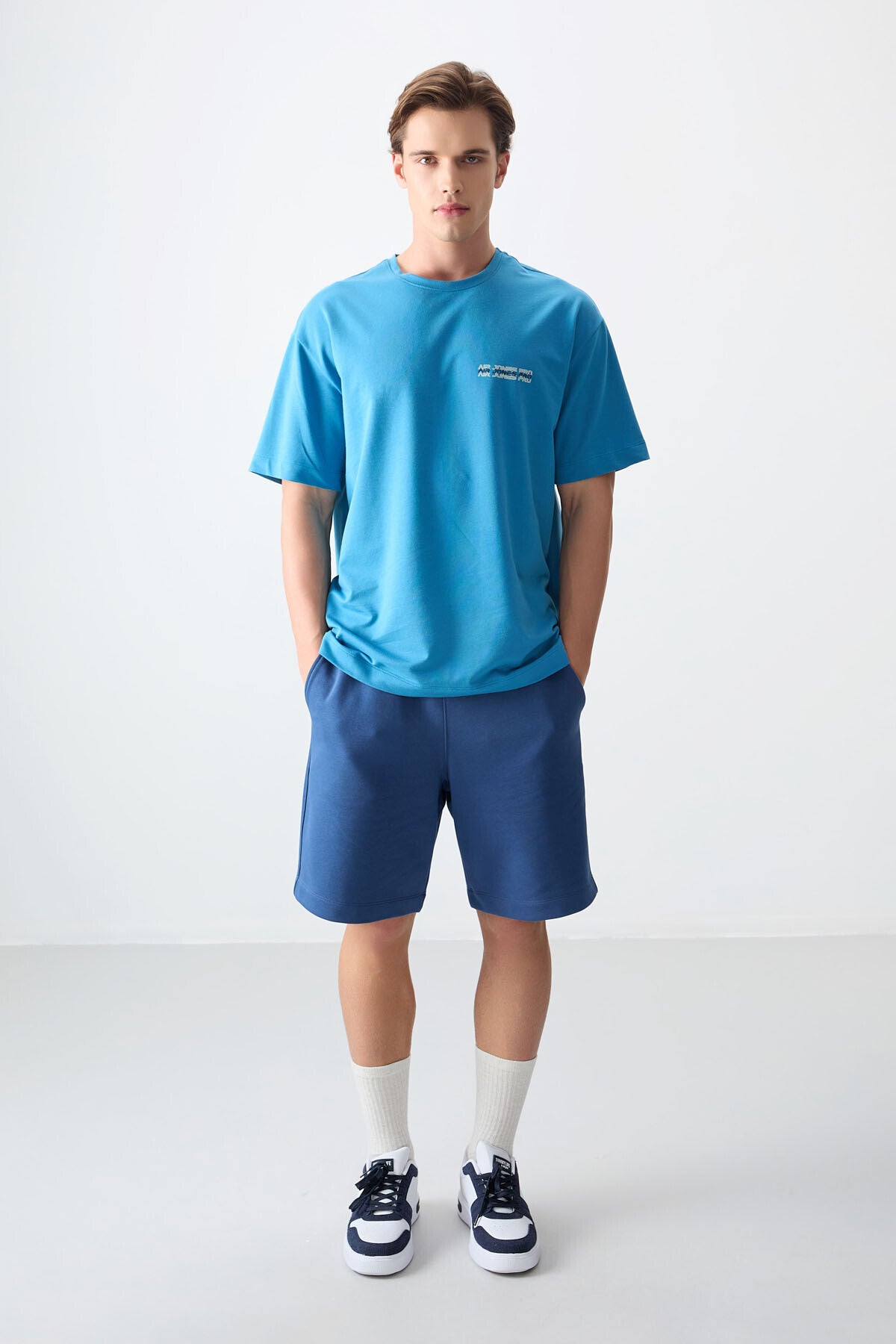 Petrol Mavi Pamuklu Kalın Yumuşak Dokulu Oversize Fit Baskılı Erkek T-Shirt - 88375