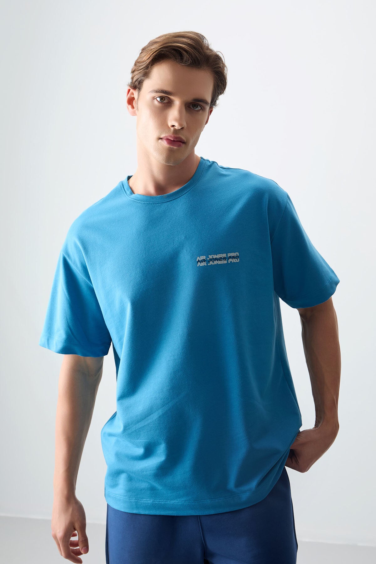 Petrol Mavi Pamuklu Kalın Yumuşak Dokulu Oversize Fit Baskılı Erkek T-Shirt - 88375