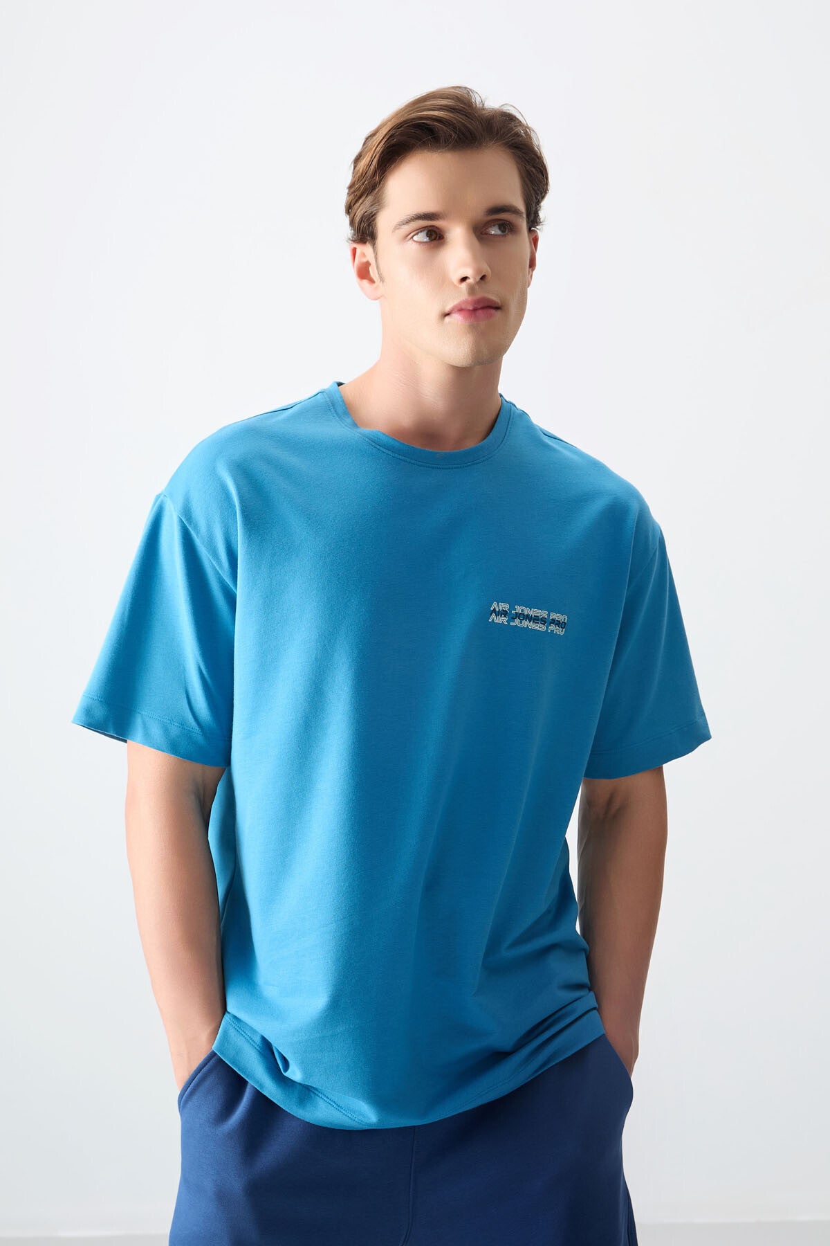 Petrol Mavi Pamuklu Kalın Yumuşak Dokulu Oversize Fit Baskılı Erkek T-Shirt - 88375