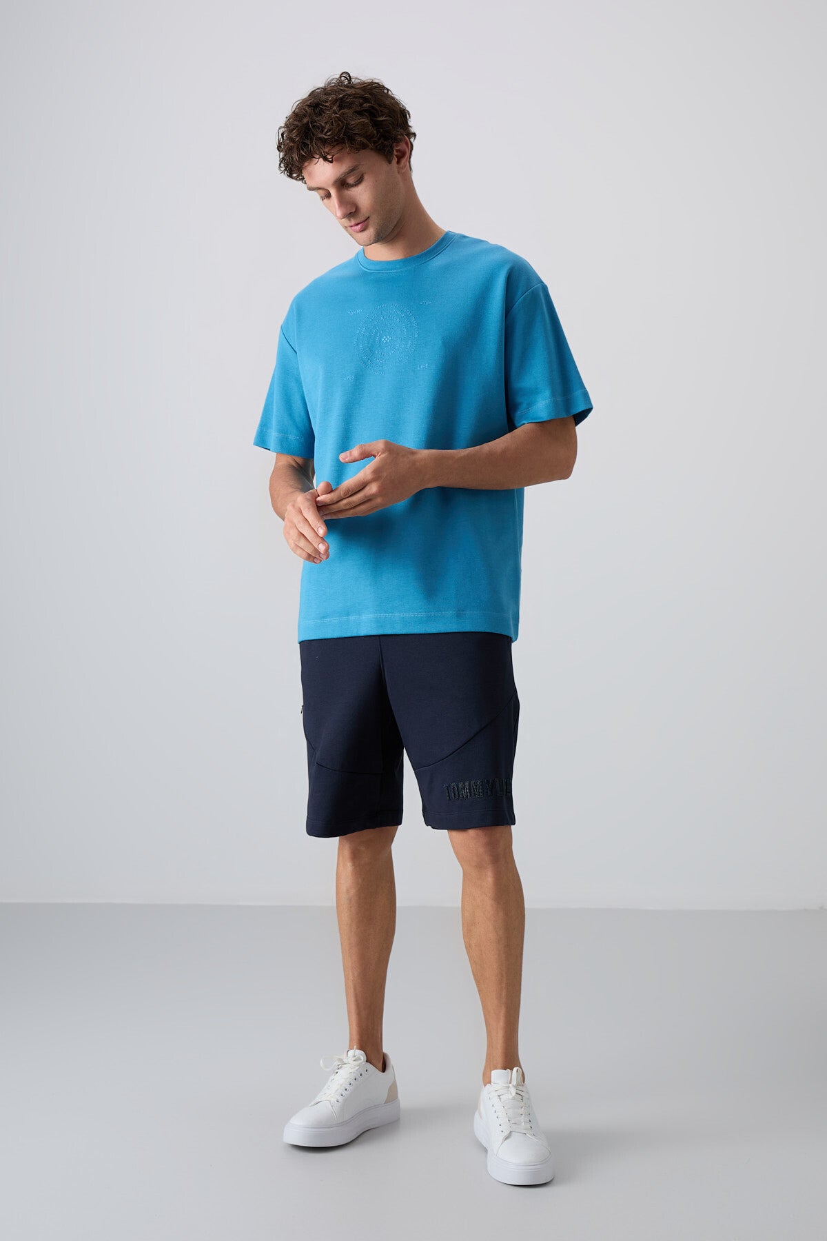 Petrol Mavi Pamuklu Kalın Yumuşak Dokulu Oversize Fit Baskılı Erkek T-Shirt - 88324