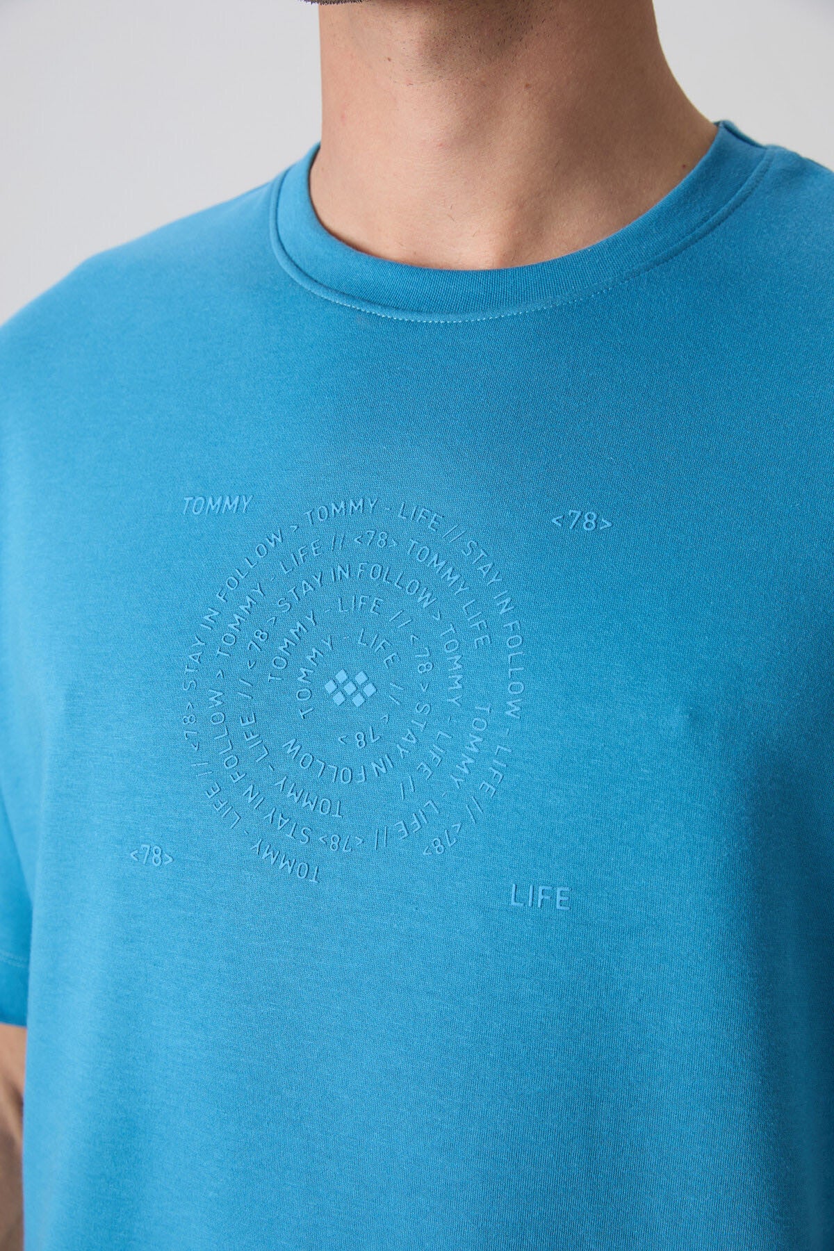 Petrol Mavi Pamuklu Kalın Yumuşak Dokulu Oversize Fit Baskılı Erkek T-Shirt - 88324