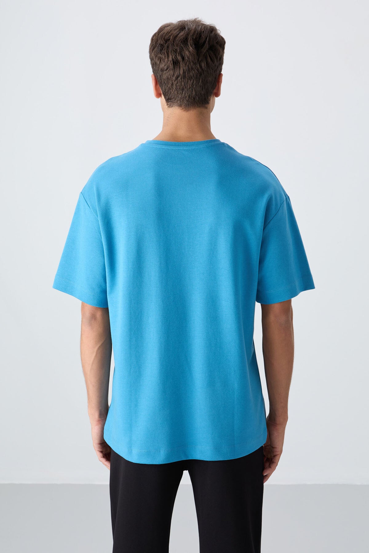 Petrol Mavi Pamuklu Kalın Yumuşak Dokulu Oversize Fit Baskılı Erkek T-Shirt - 88325