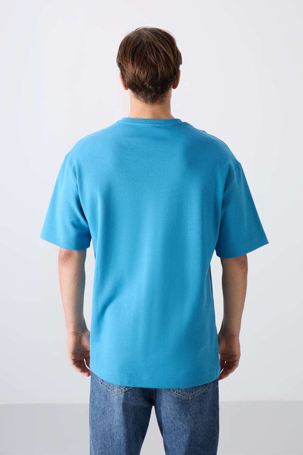 Petrol Mavi Pamuklu Kalın Yumuşak Dokulu Oversize Fit Baskılı Erkek T-Shirt - 88326
