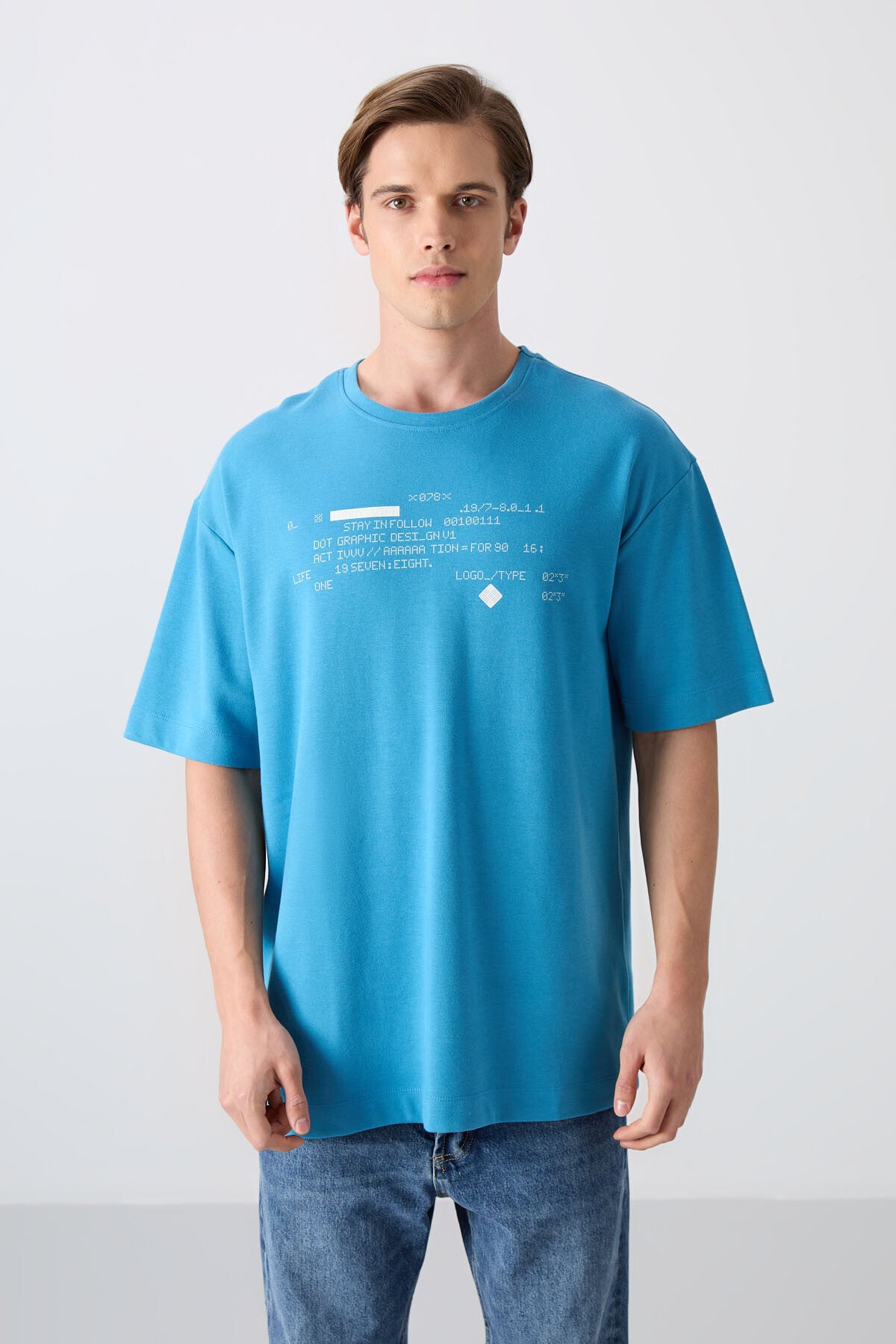 Petrol Mavi Pamuklu Kalın Yumuşak Dokulu Oversize Fit Baskılı Erkek T-Shirt - 88326