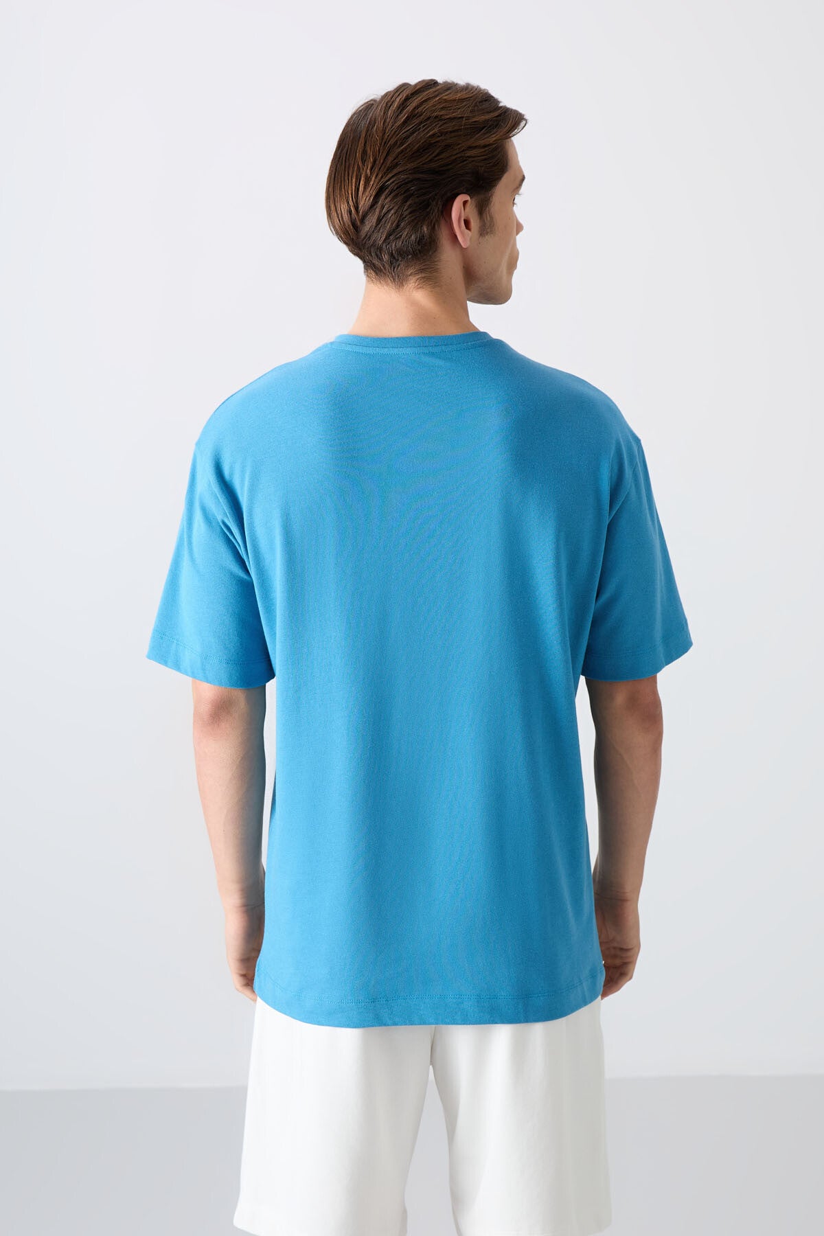 Petrol Mavi Pamuklu Kalın Yumuşak Dokulu Oversize Fit Baskılı Erkek T-Shirt - 88331