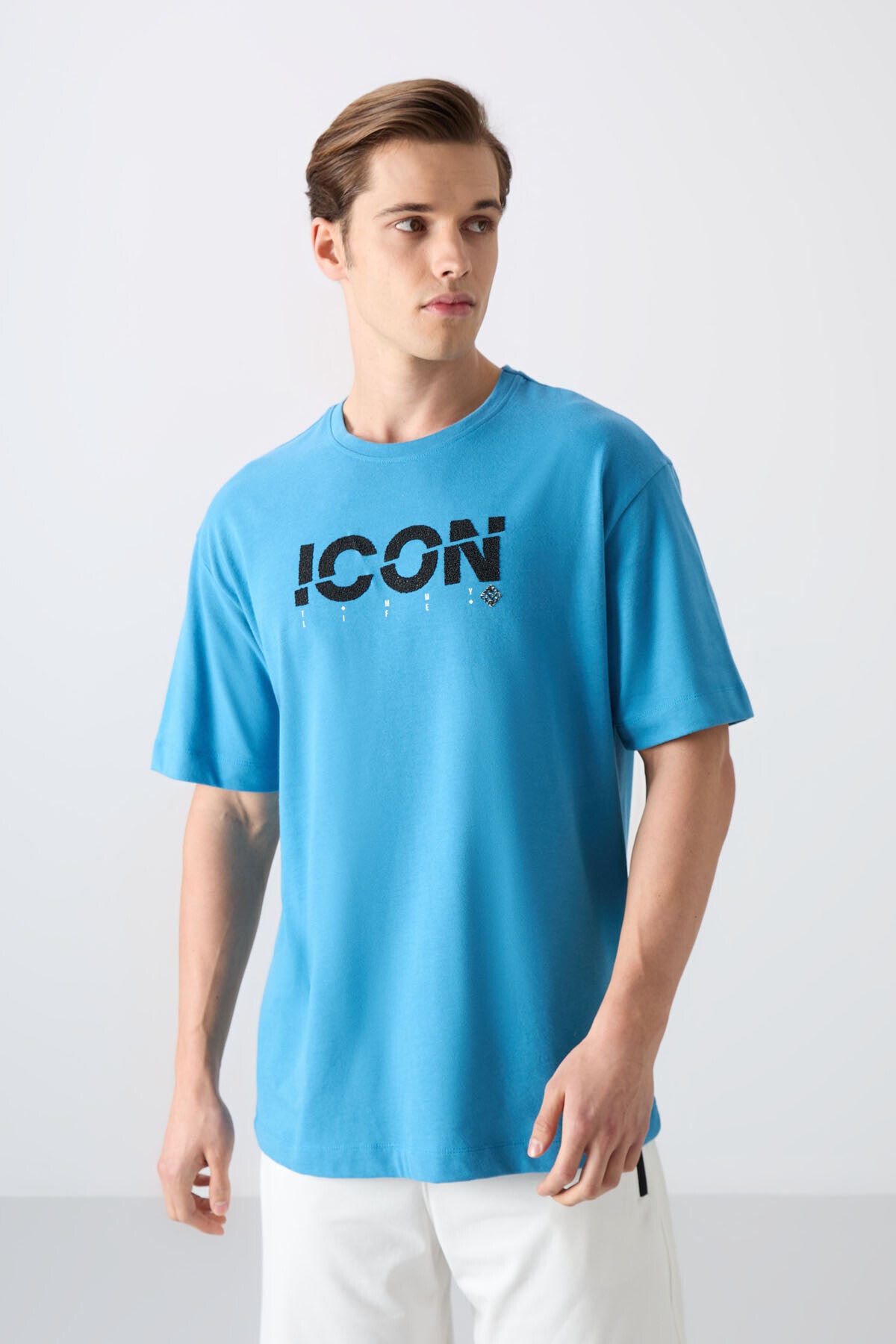 Petrol Mavi Pamuklu Kalın Yumuşak Dokulu Oversize Fit Baskılı Erkek T-Shirt - 88331