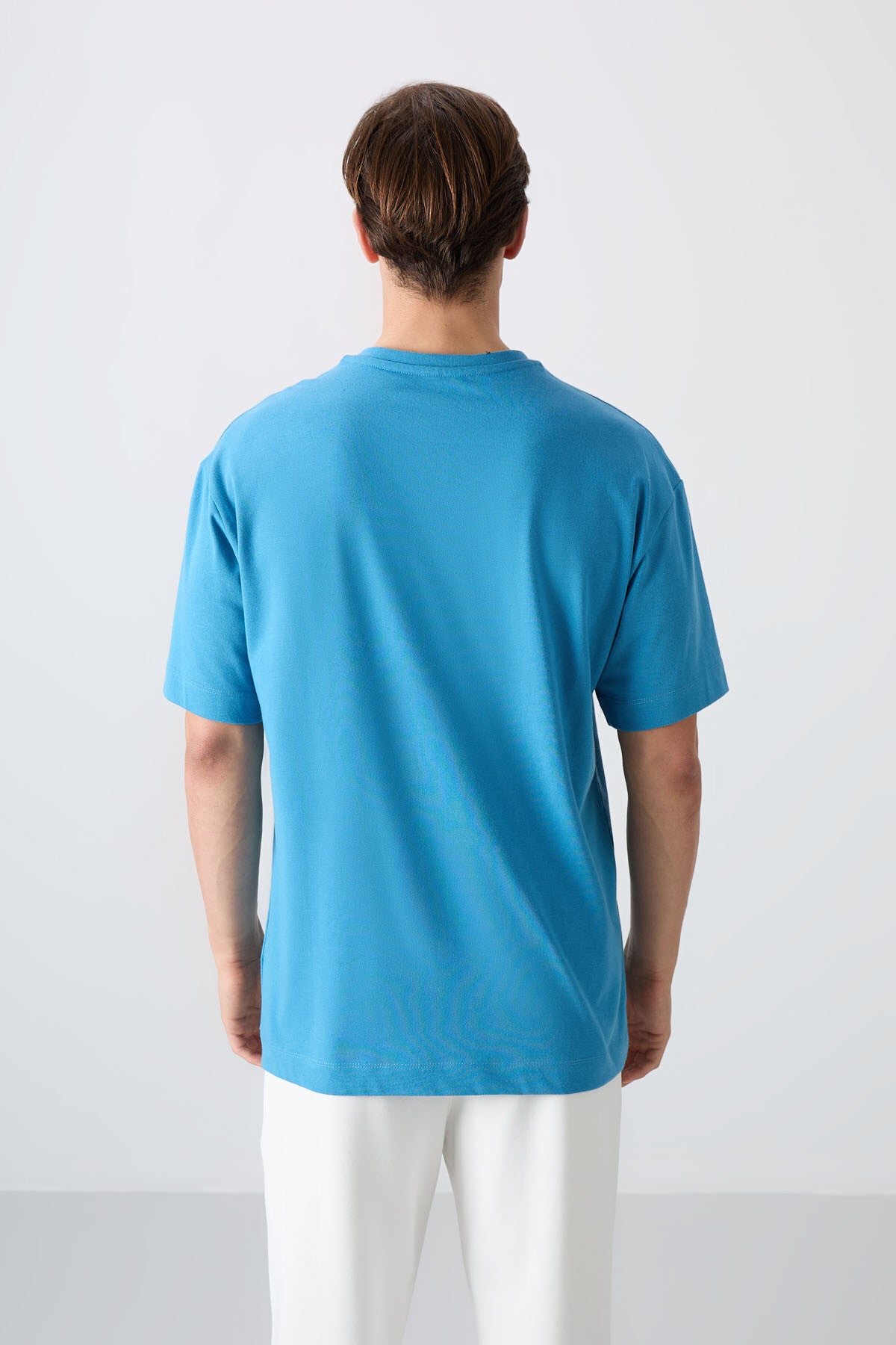 Petrol Mavi Pamuklu Kalın Yumuşak Dokulu Oversize Fit Baskılı Erkek T-Shirt - 88334