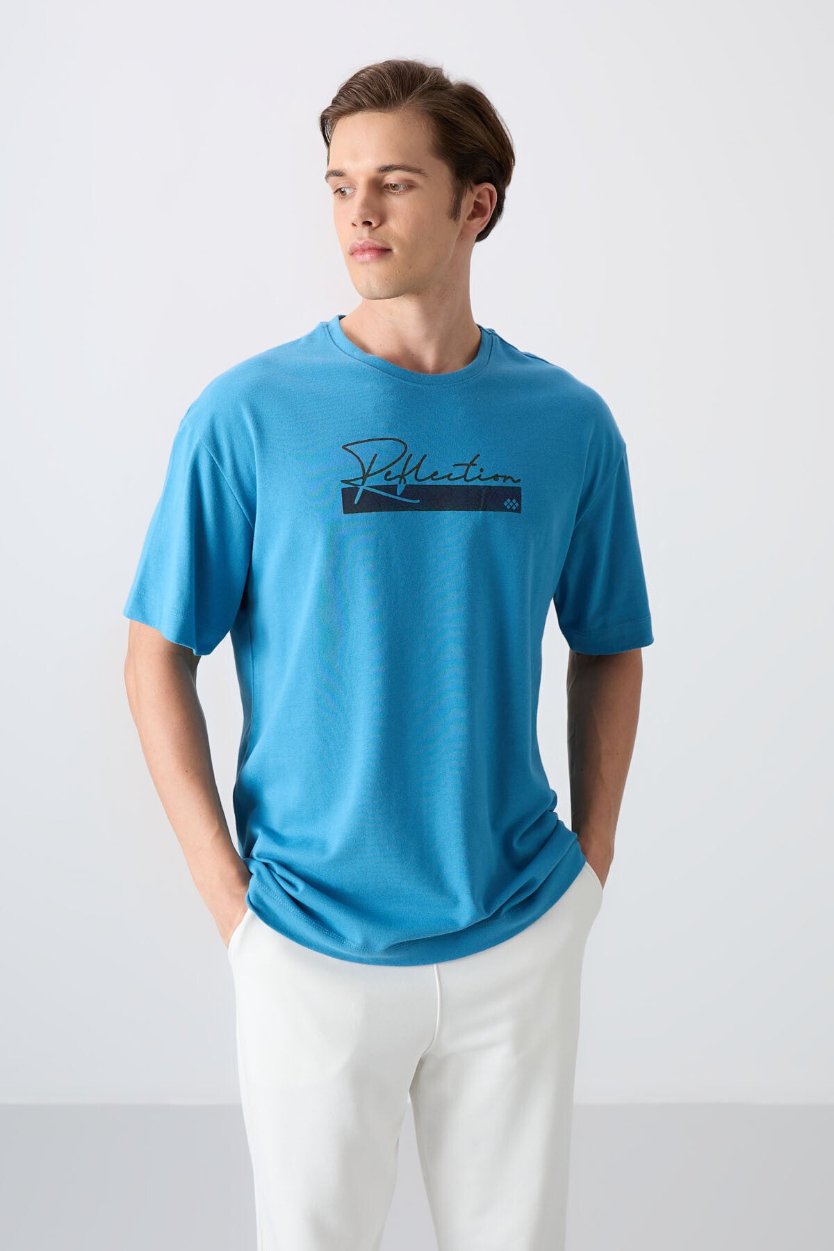 Petrol Mavi Pamuklu Kalın Yumuşak Dokulu Oversize Fit Baskılı Erkek T-Shirt - 88334