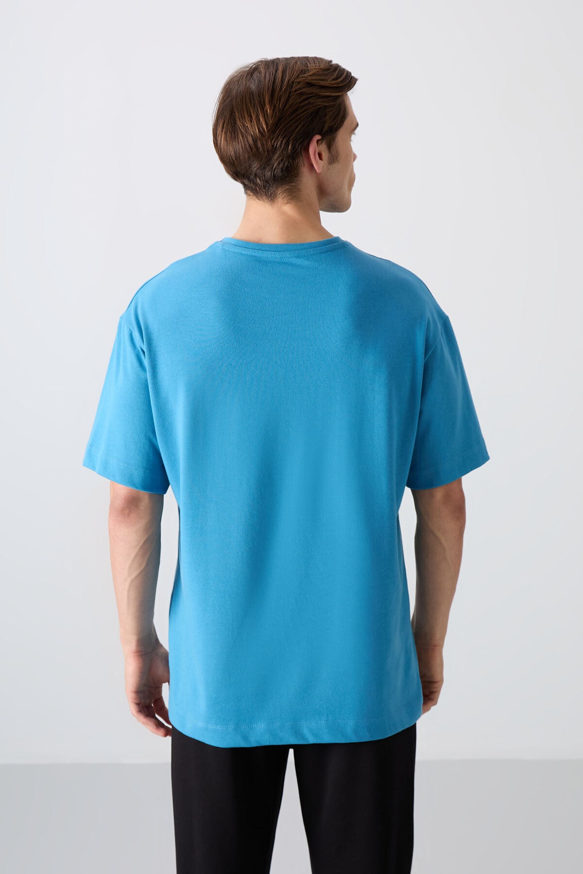 Petrol Mavi Pamuklu Kalın Yumuşak Dokulu Oversize Fit Baskılı Erkek T-Shirt - 88332