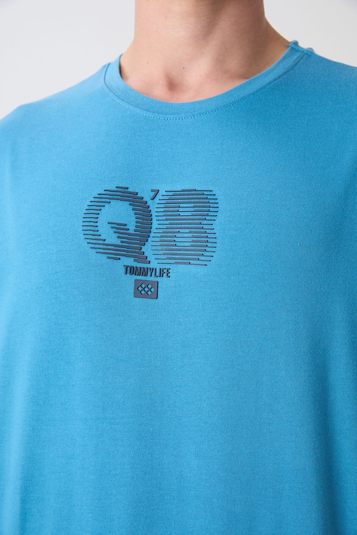 Petrol Mavi Pamuklu Kalın Yumuşak Dokulu Oversize Fit Baskılı Erkek T-Shirt - 88333