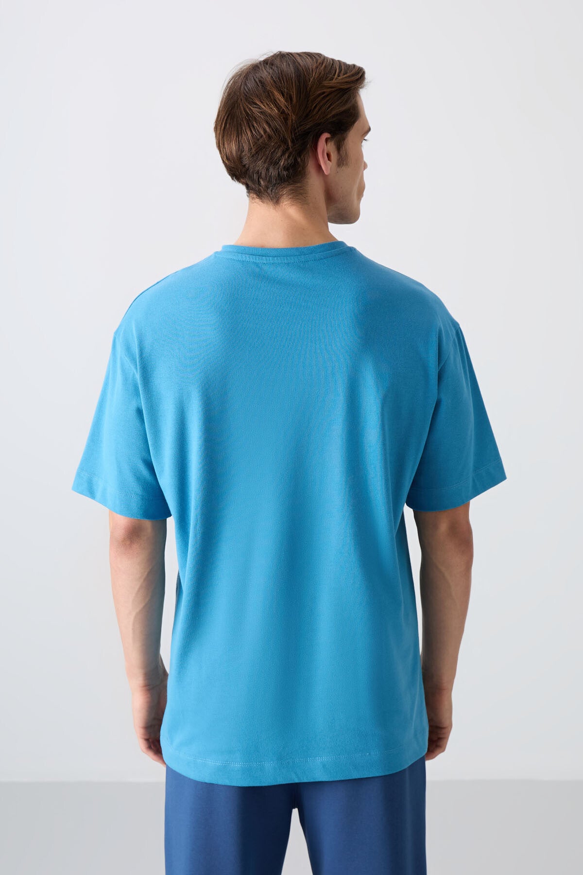 Petrol Mavi Pamuklu Kalın Yumuşak Dokulu Oversize Fit Baskılı Erkek T-Shirt - 88333