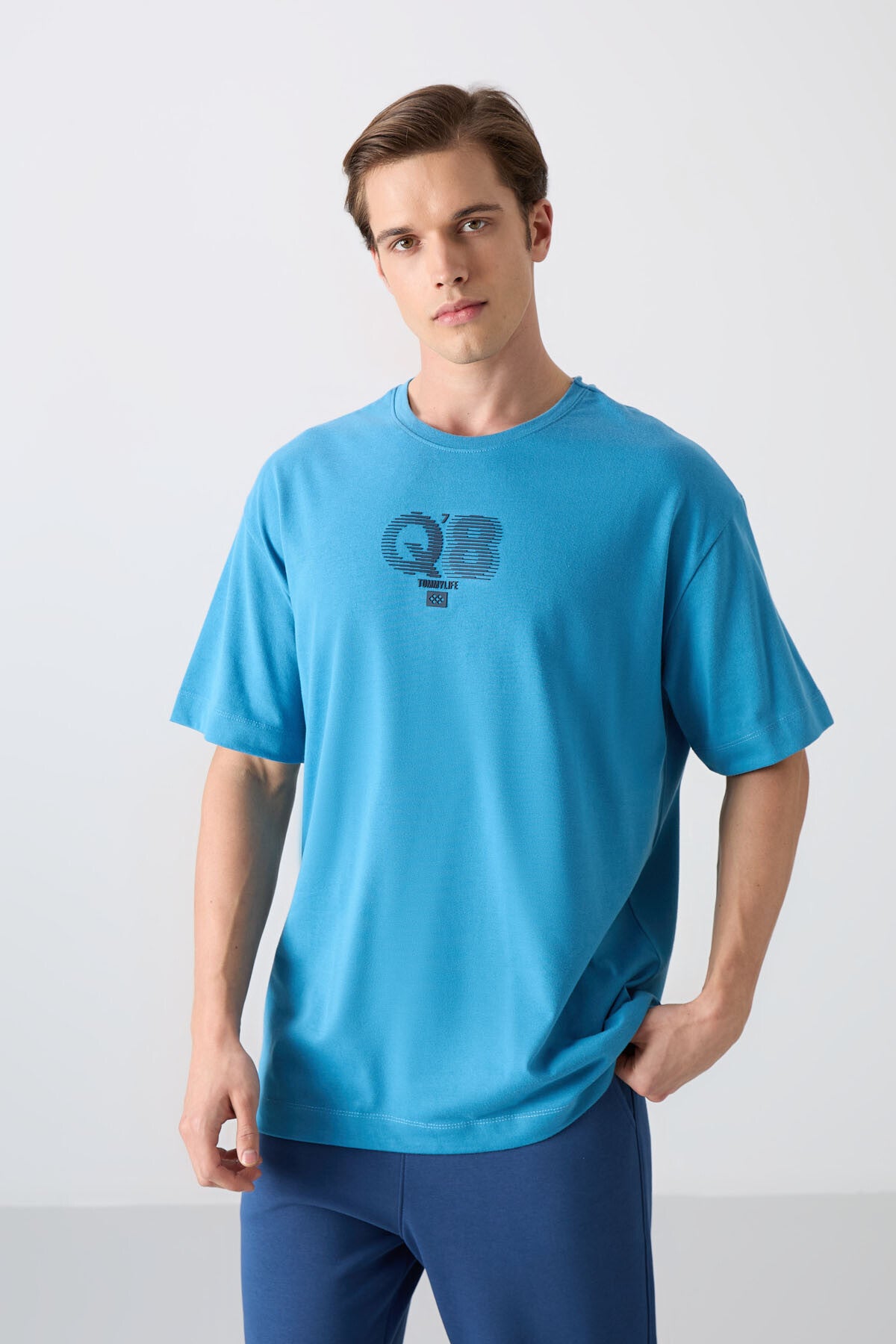 Petrol Mavi Pamuklu Kalın Yumuşak Dokulu Oversize Fit Baskılı Erkek T-Shirt - 88333