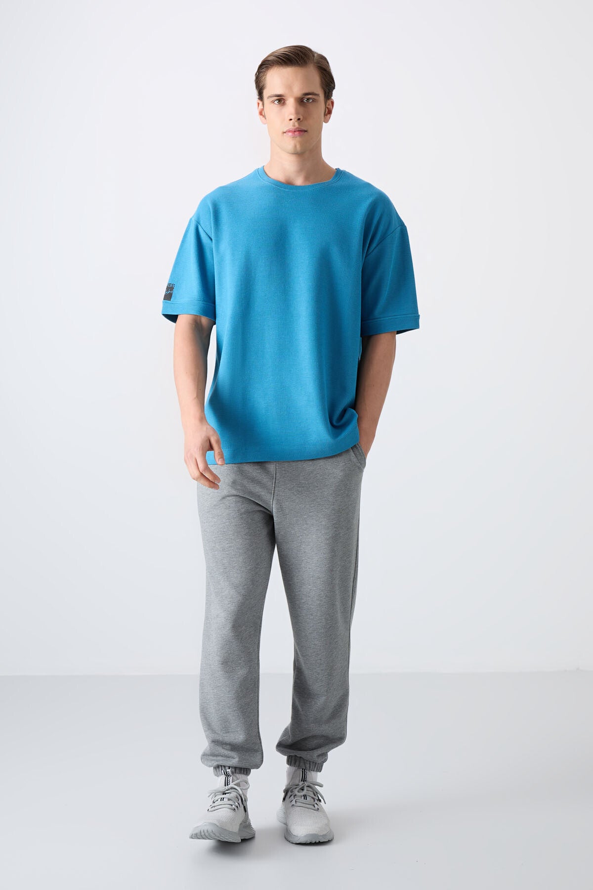 Petrol Mavi Pamuklu Kalın Yüzeyi Dokulu Oversize Fit Basic Erkek T-Shirt - 88339