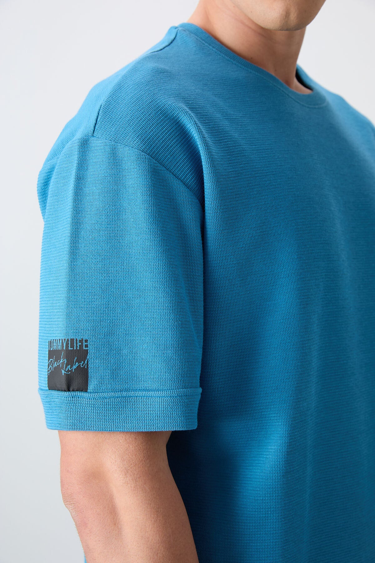 Petrol Mavi Pamuklu Kalın Yüzeyi Dokulu Oversize Fit Basic Erkek T-Shirt - 88339