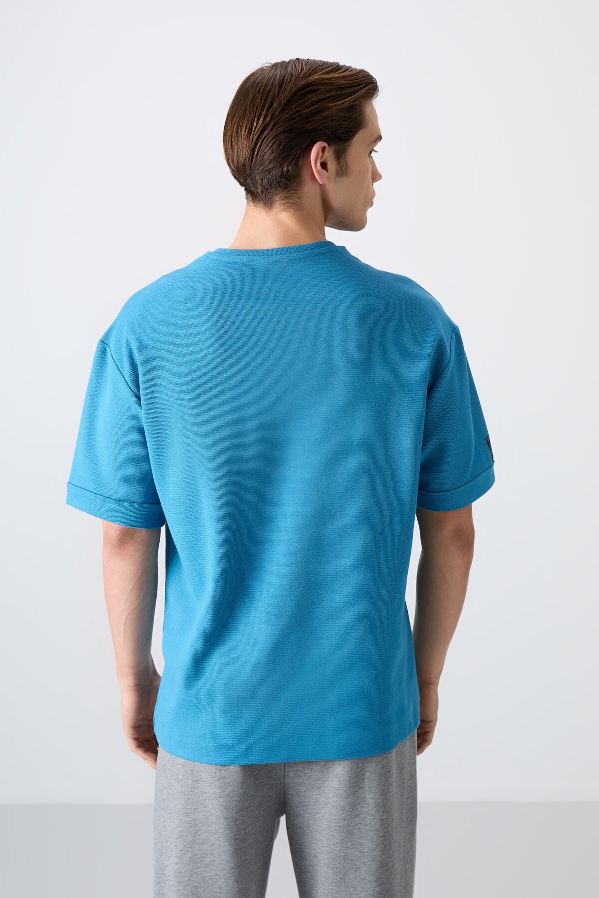 Petrol Mavi Pamuklu Kalın Yüzeyi Dokulu Oversize Fit Basic Erkek T-Shirt - 88339