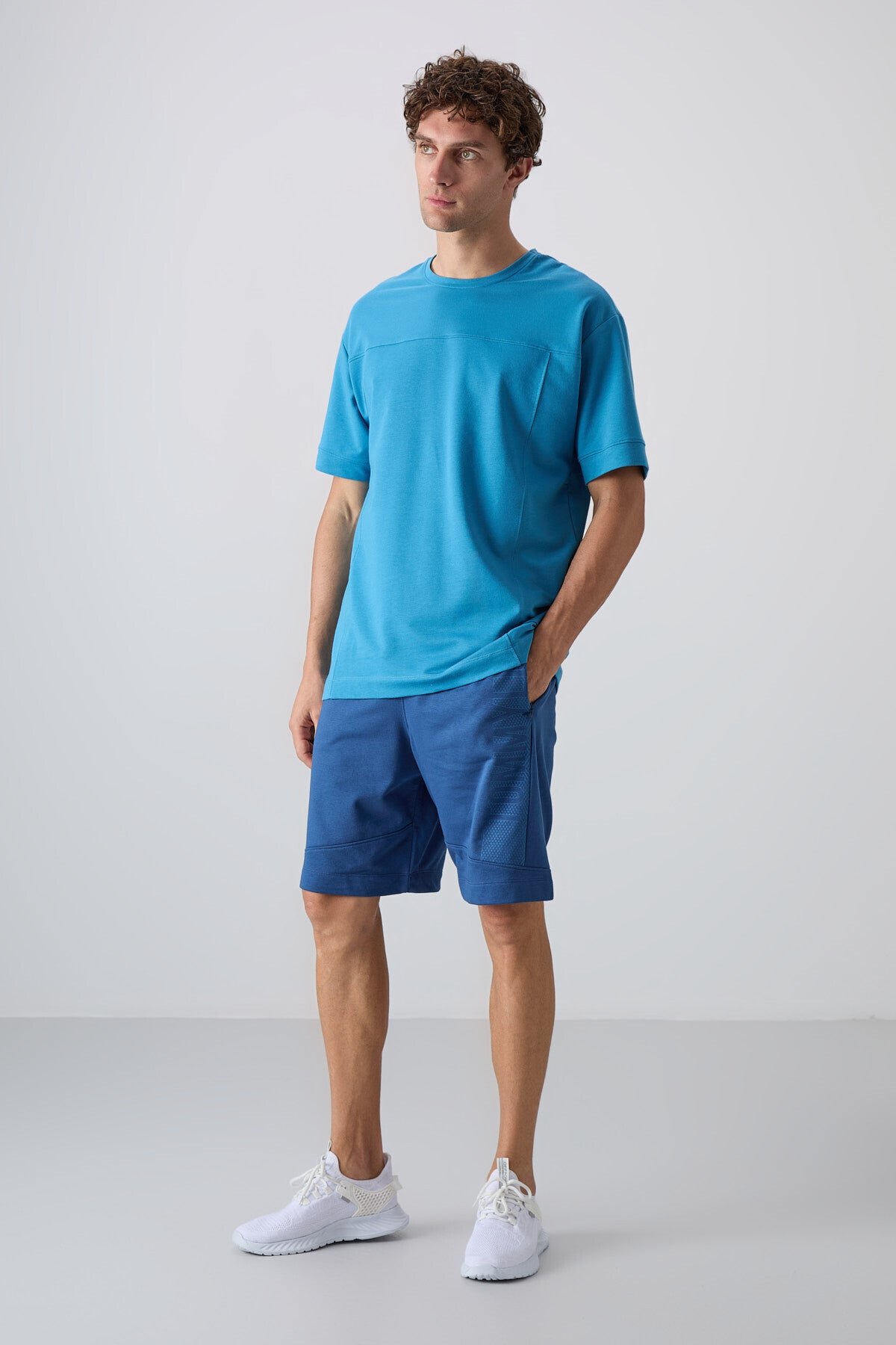 Petrol Mavi Pamuklu Kalın Yumuşak Dokulu Oversize Fit Basic Erkek T-Shirt - 88349