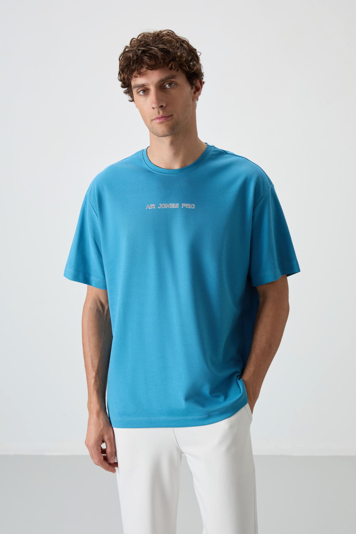 Petrol Mavi Pamuklu Kalın Yüzeyi Dokulu Oversize Fit Baskılı Erkek T-Shirt - 88364